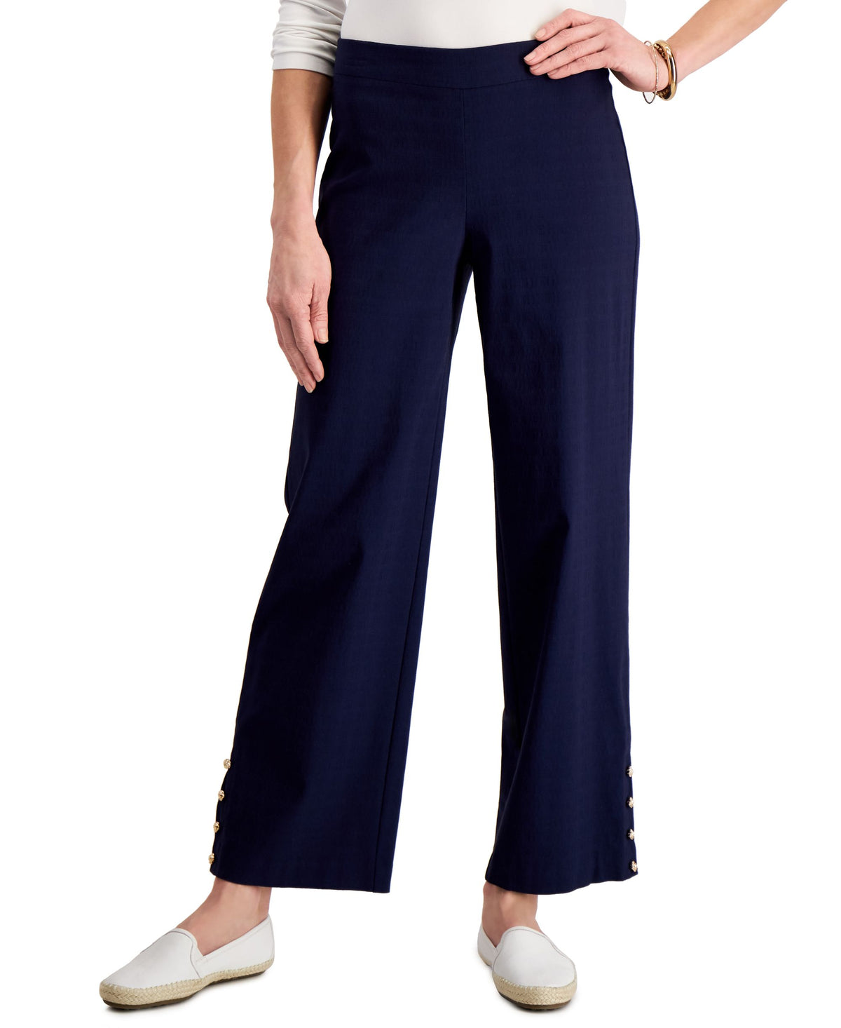 JM Collection Petite Button-Hem Textured Wide-Leg Pants