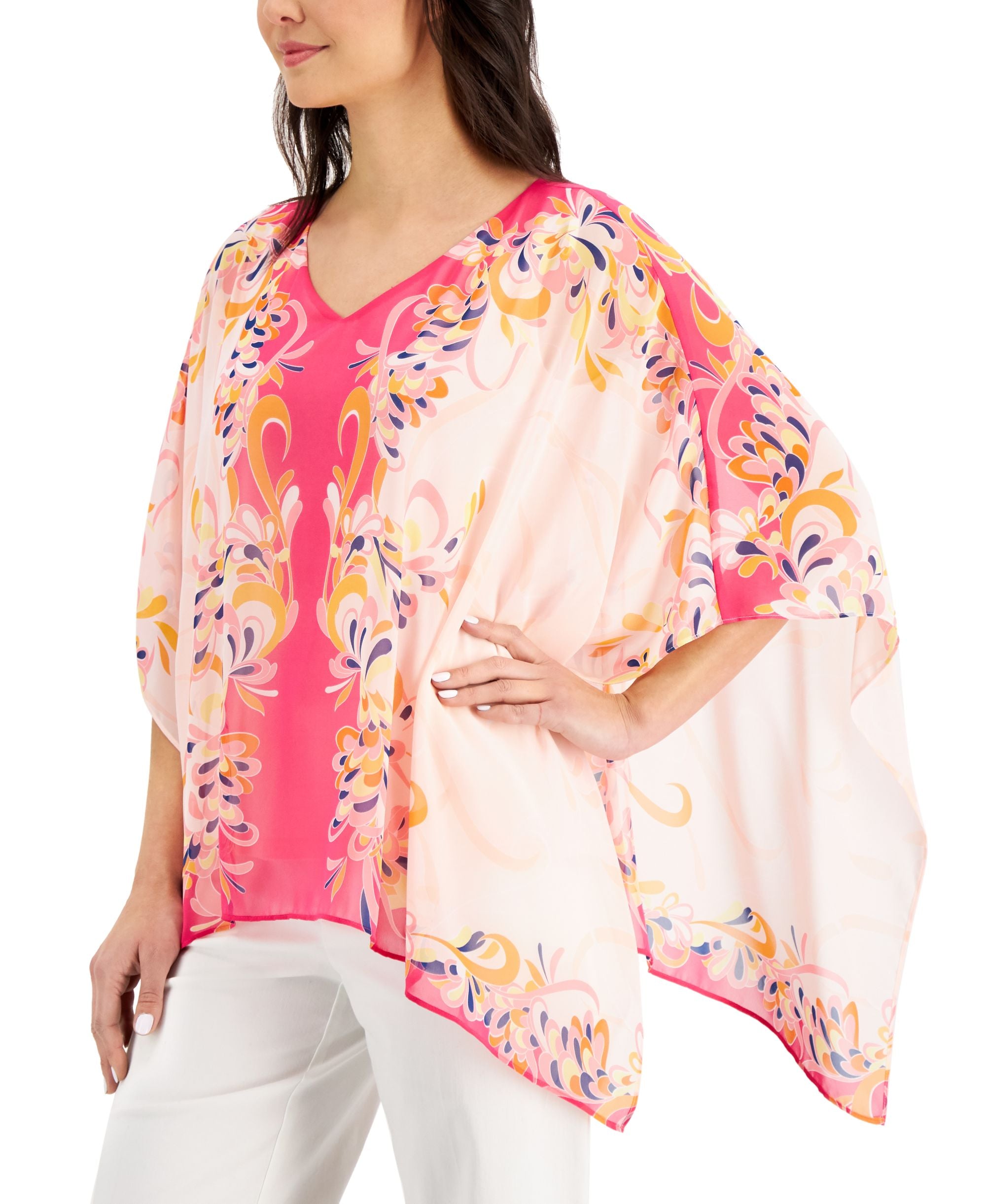 JM Collection Printed V Neck Poncho Top