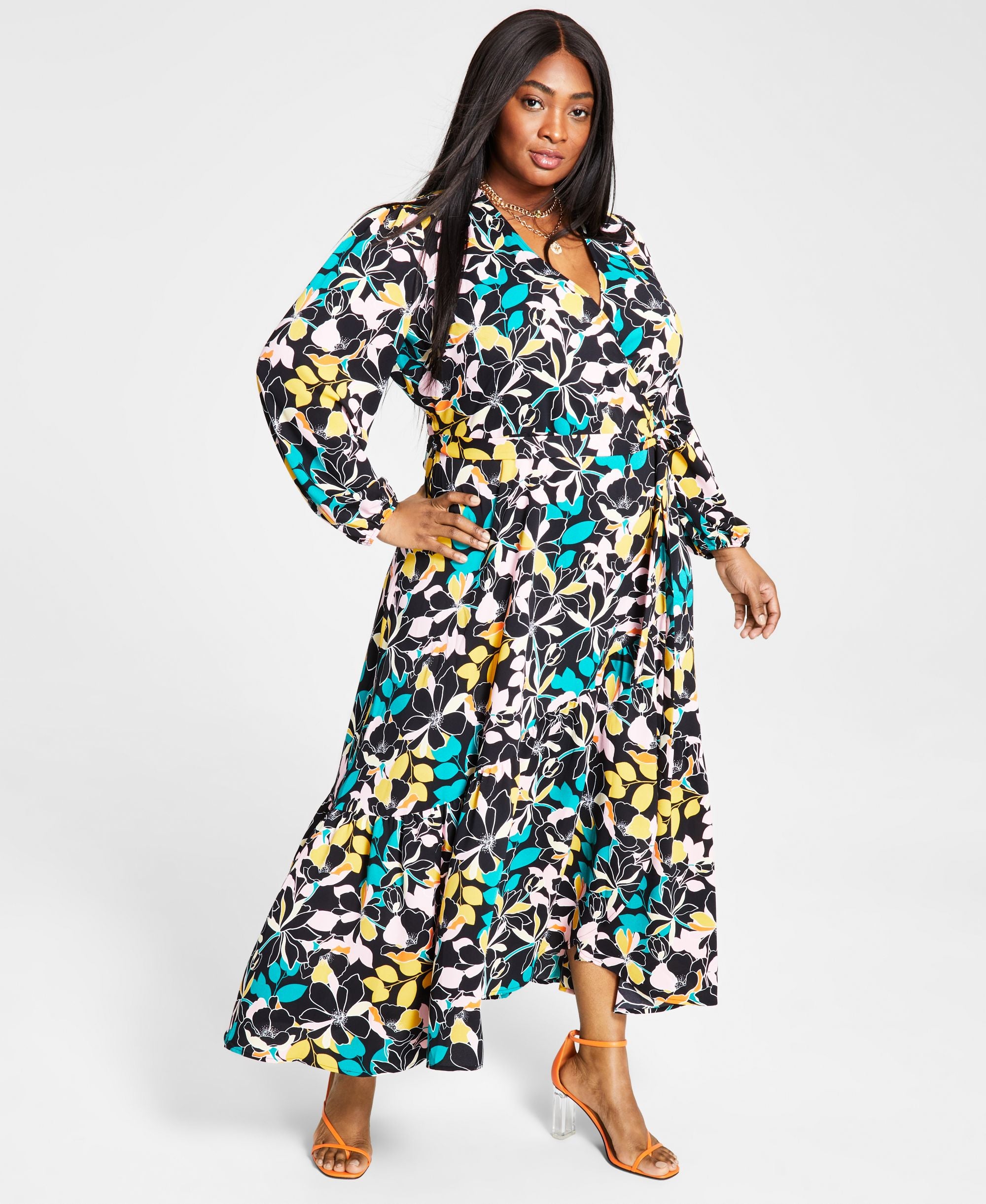 Bar III Trendy Plus Size Printed Wrap Maxi Dress