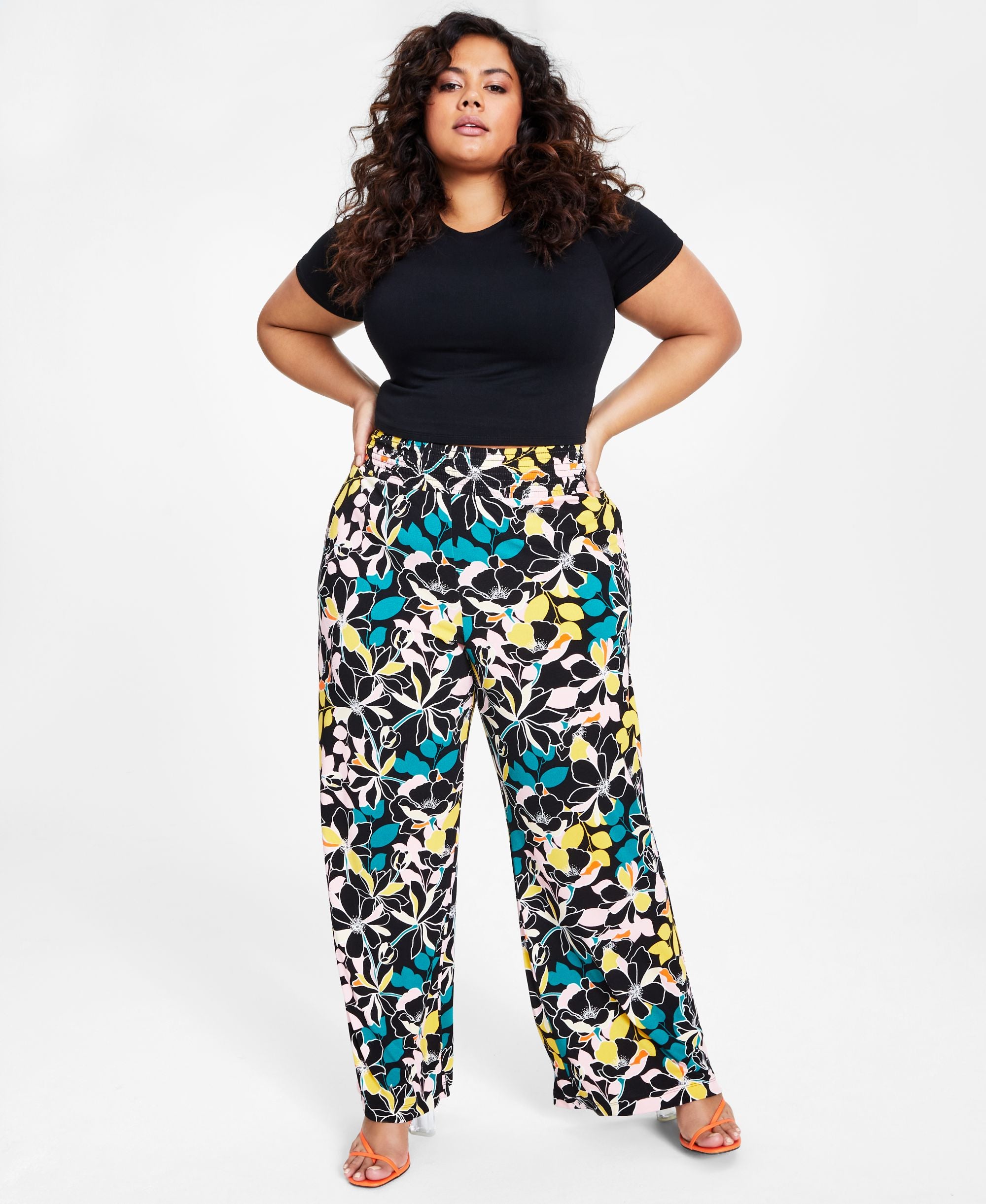 Bar III Plus Size Floral Print Wide Leg Pull On Pants