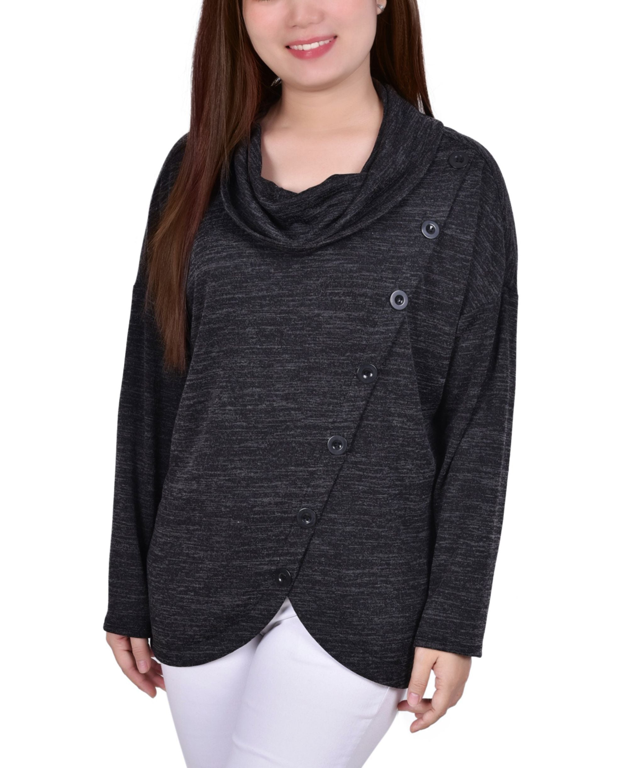Petite Long Sleeve Cowl Neck Pullover With Buttons Top