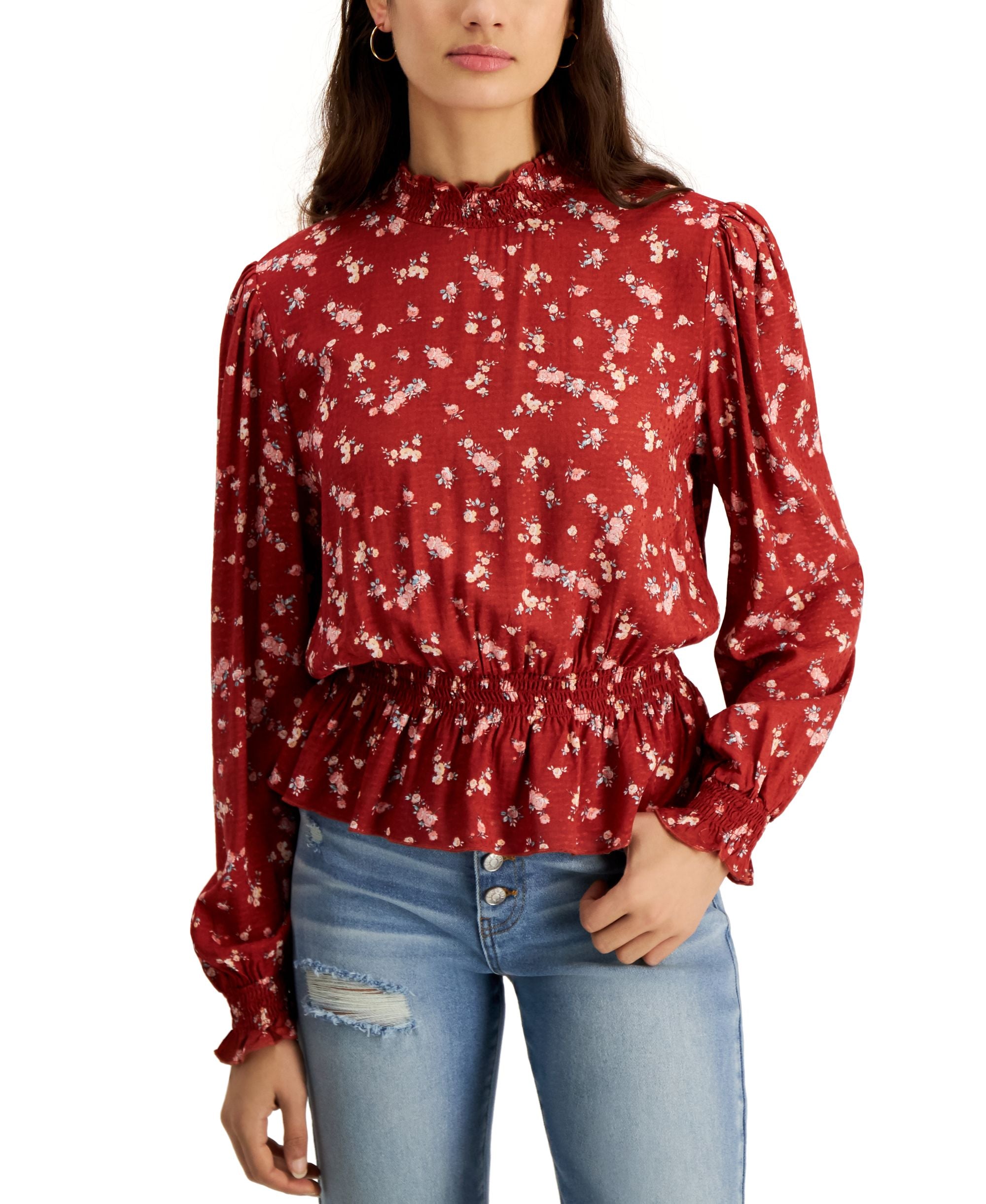 Juniors' Smocked Peplum Top