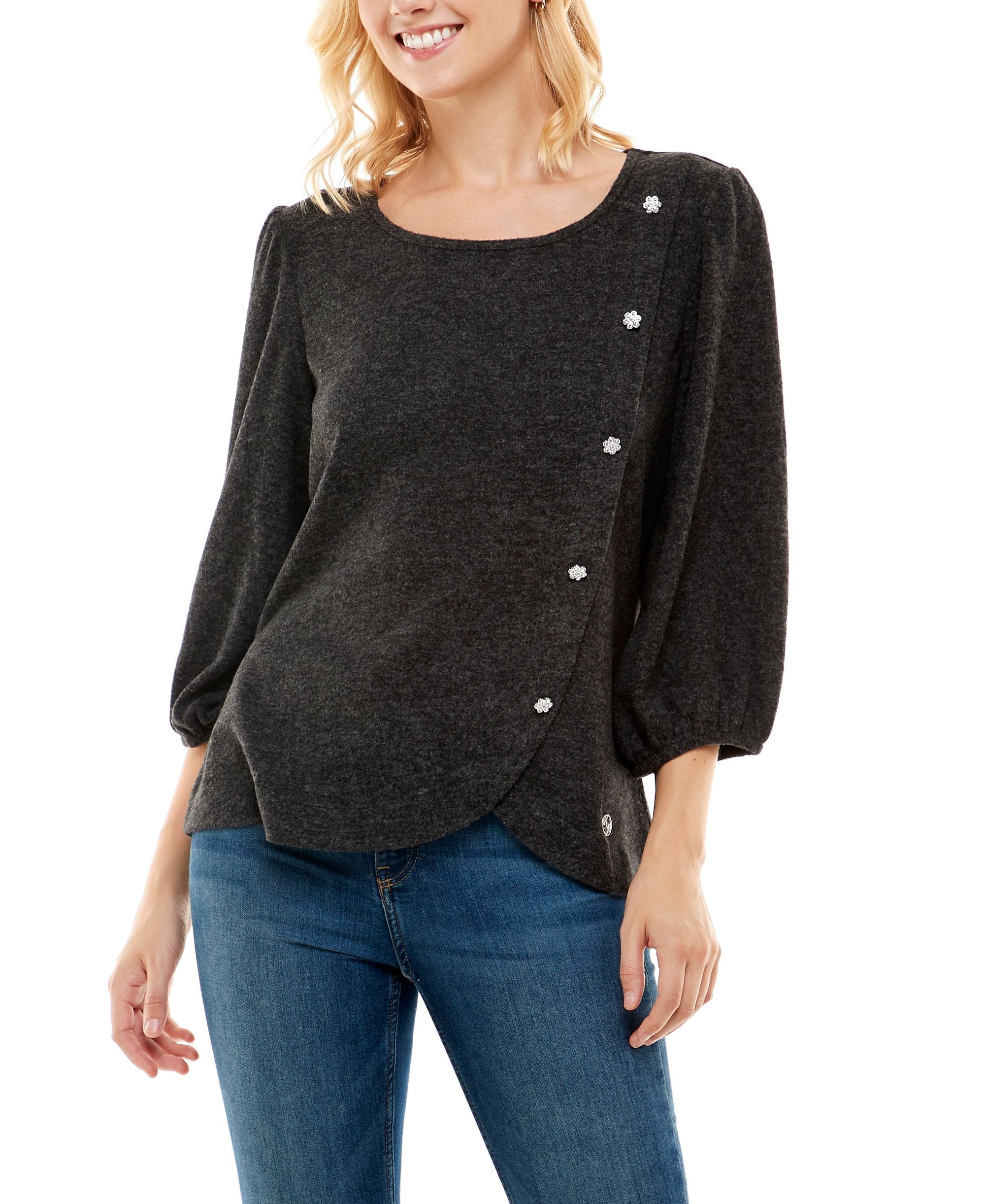 Womens 3/4 Sleeve Hacci With Asymmetrical Buttons Top
