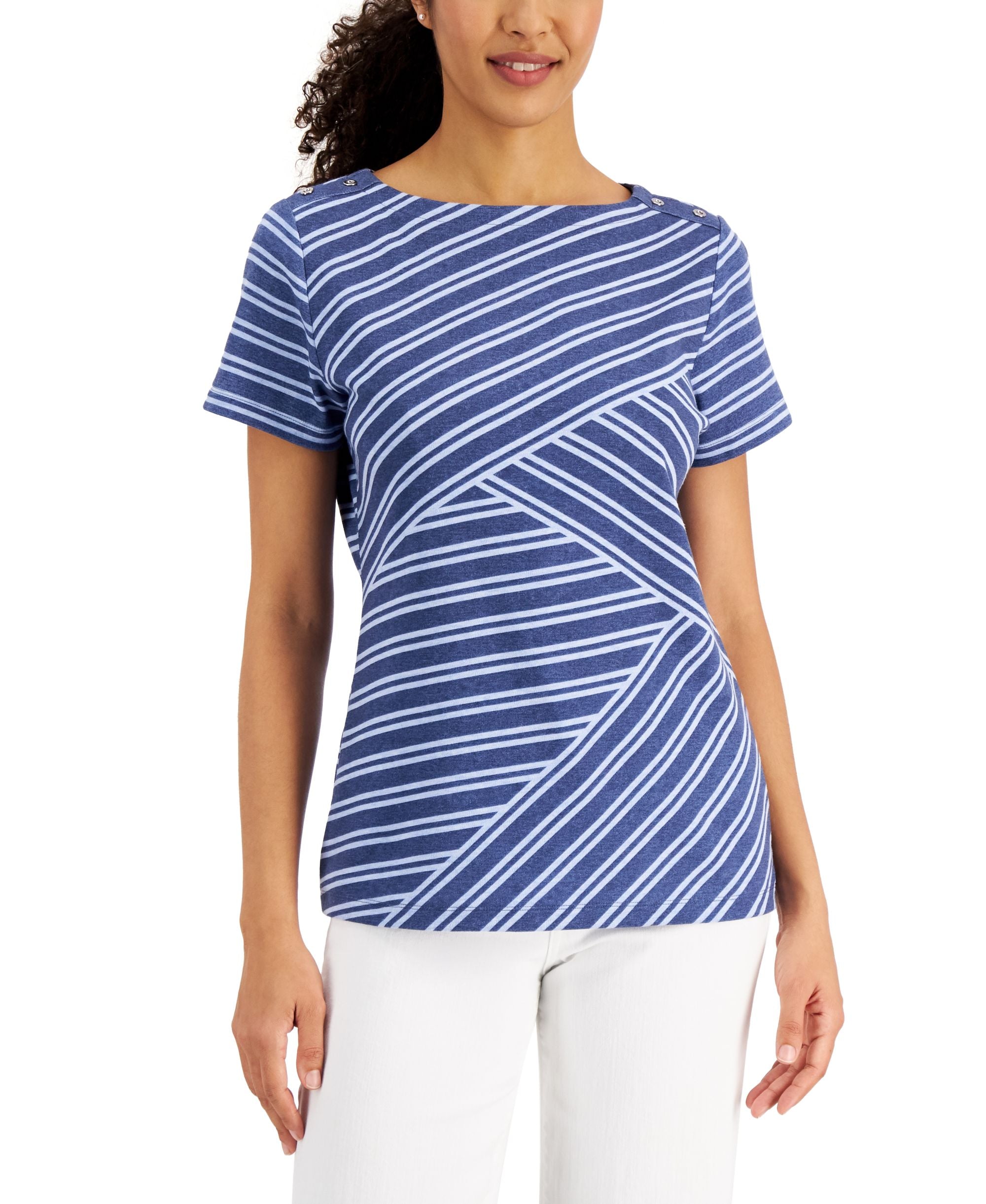 Karen Scott Asymmetrical Striped Boat Neck Top