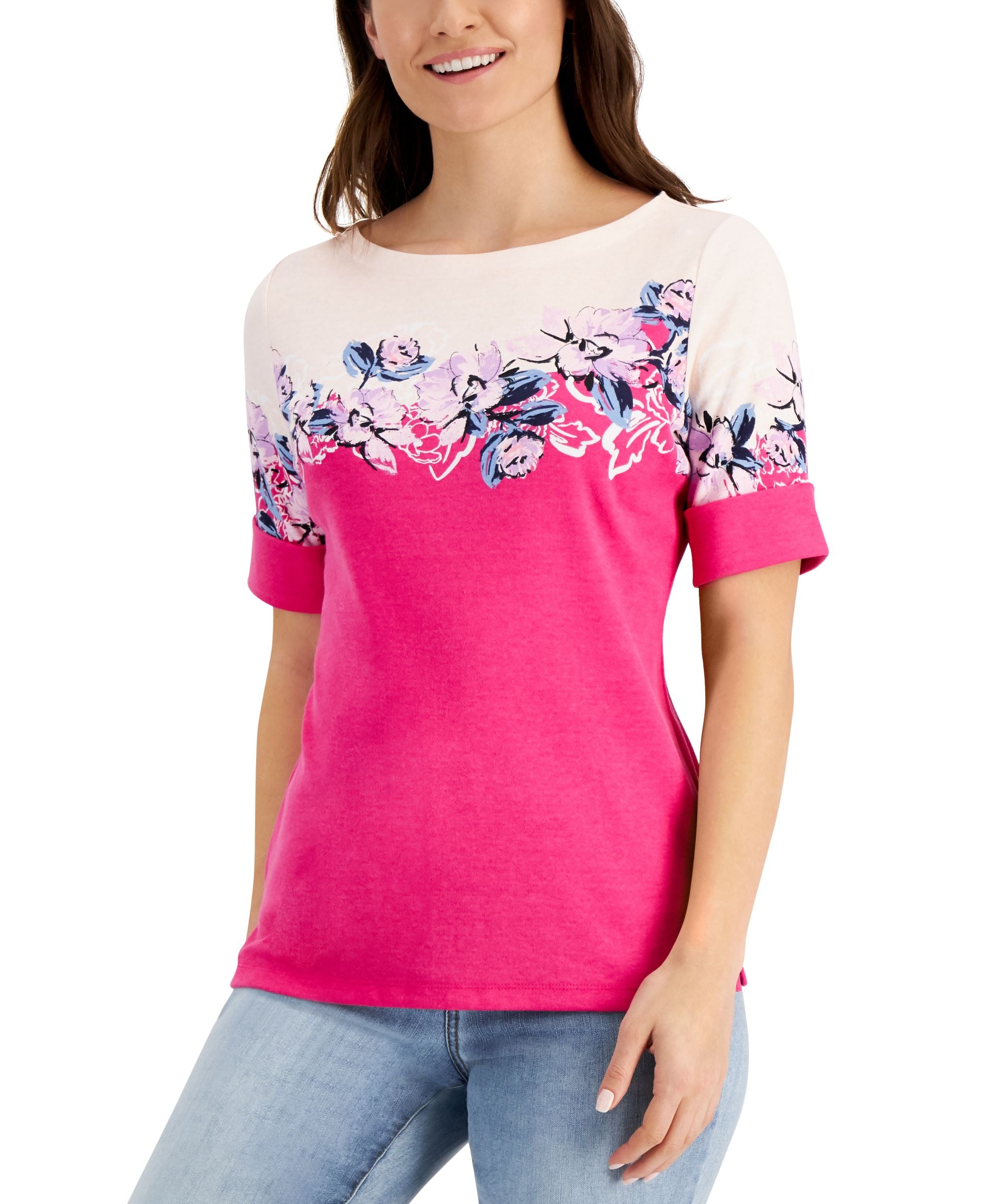 Karen Scott Valerie Floral Print Boat Neck Top