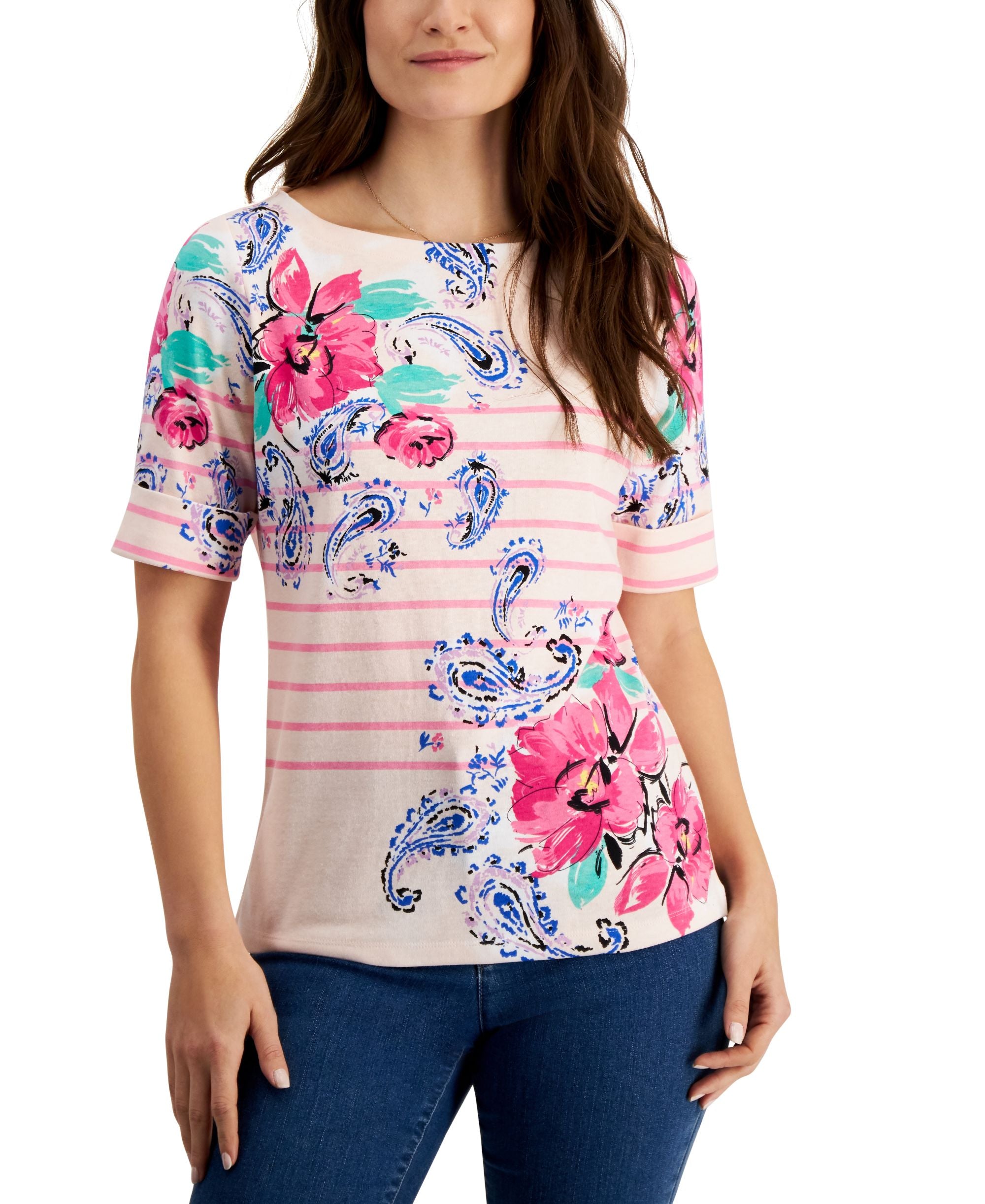Karen Scott Petite Striped Floral Print Top