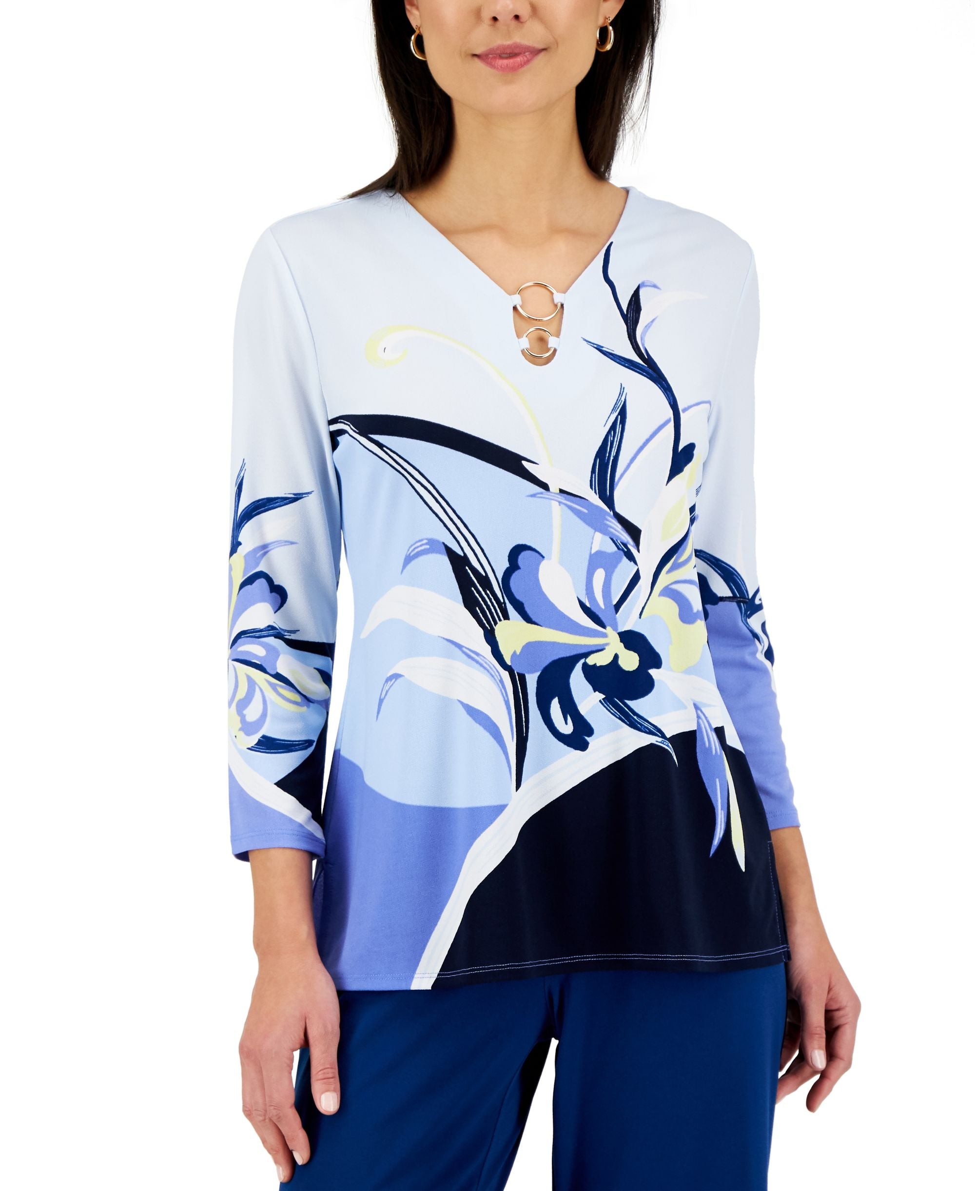 JM Collection Petite Embellished Printed Top