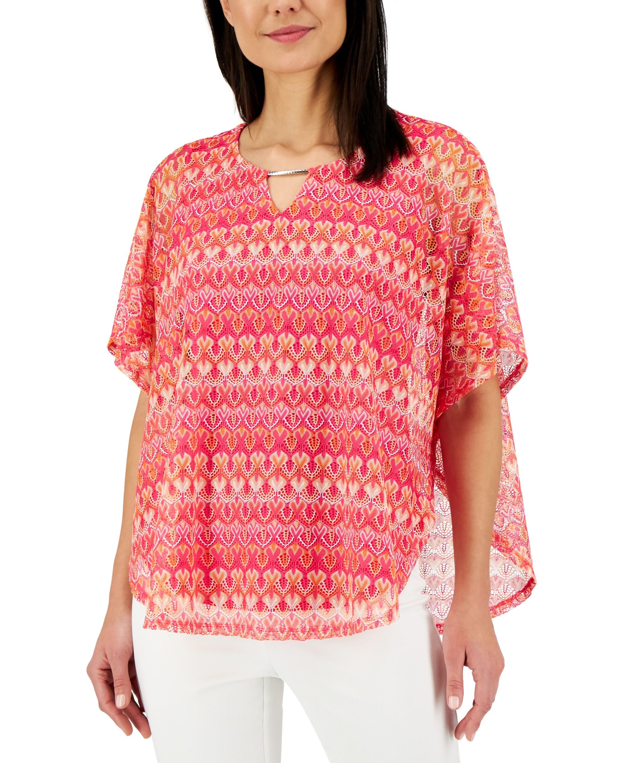 JM Collection Crocheted Keyhole Neck Poncho