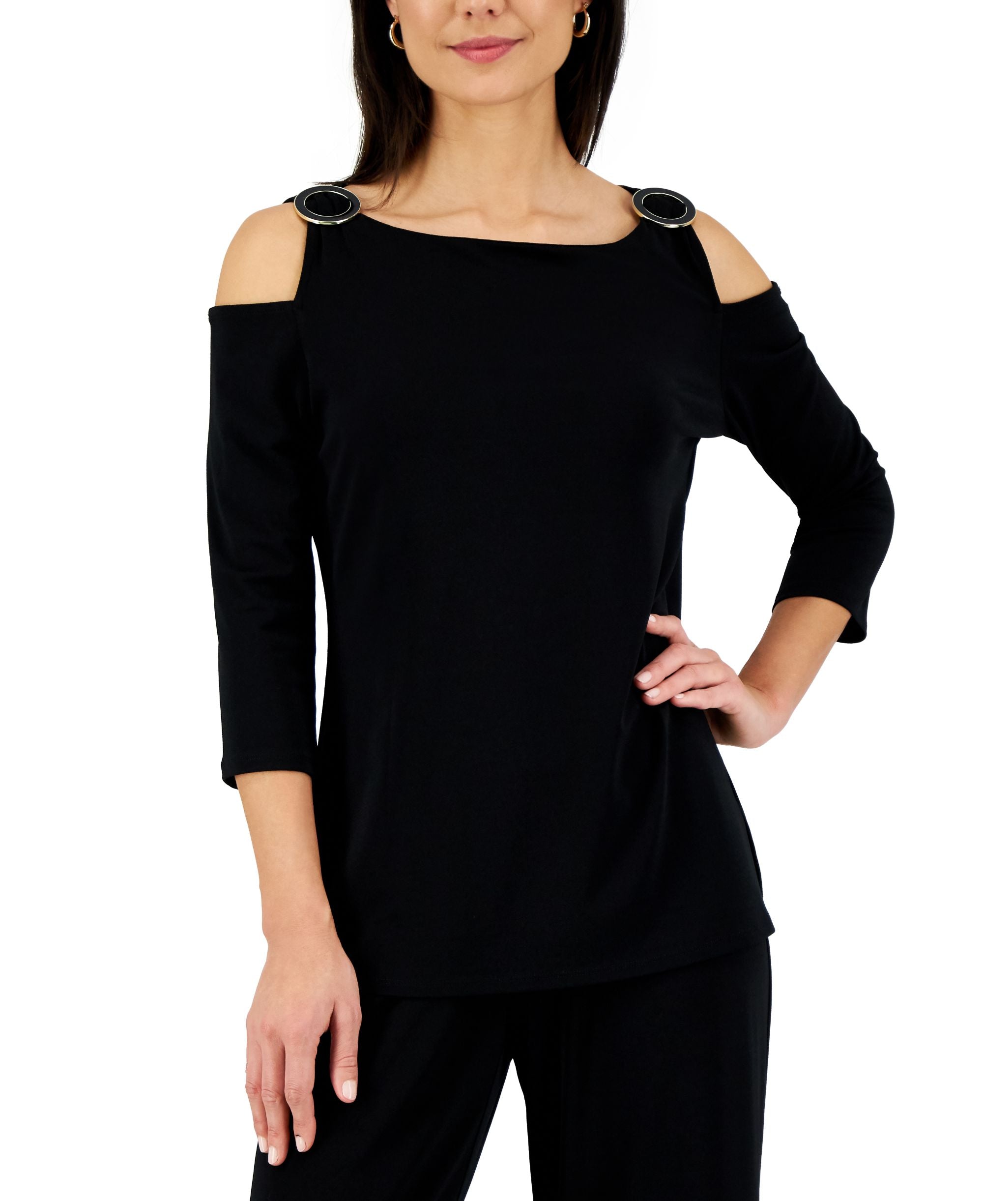 JM Collection Petite Cold Shoulder 3/4 Sleeve Top