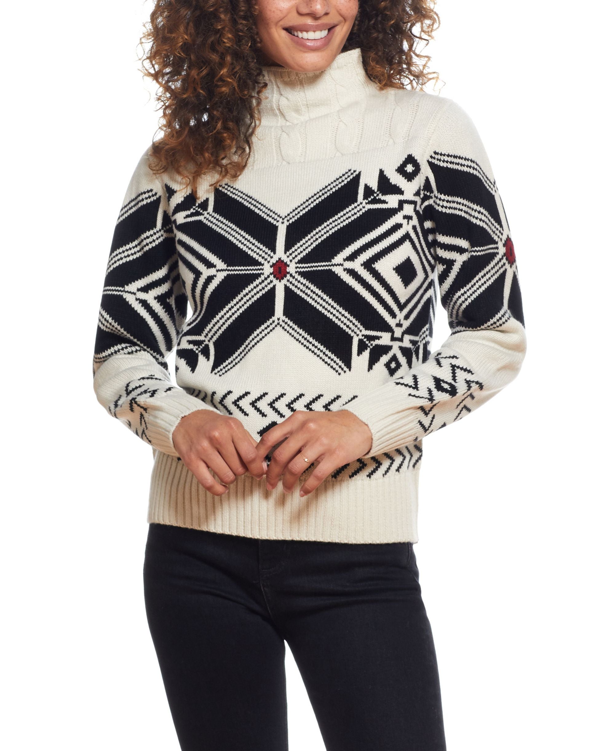 Womens Big Snowflake Cable Funnel Neck Sweater
