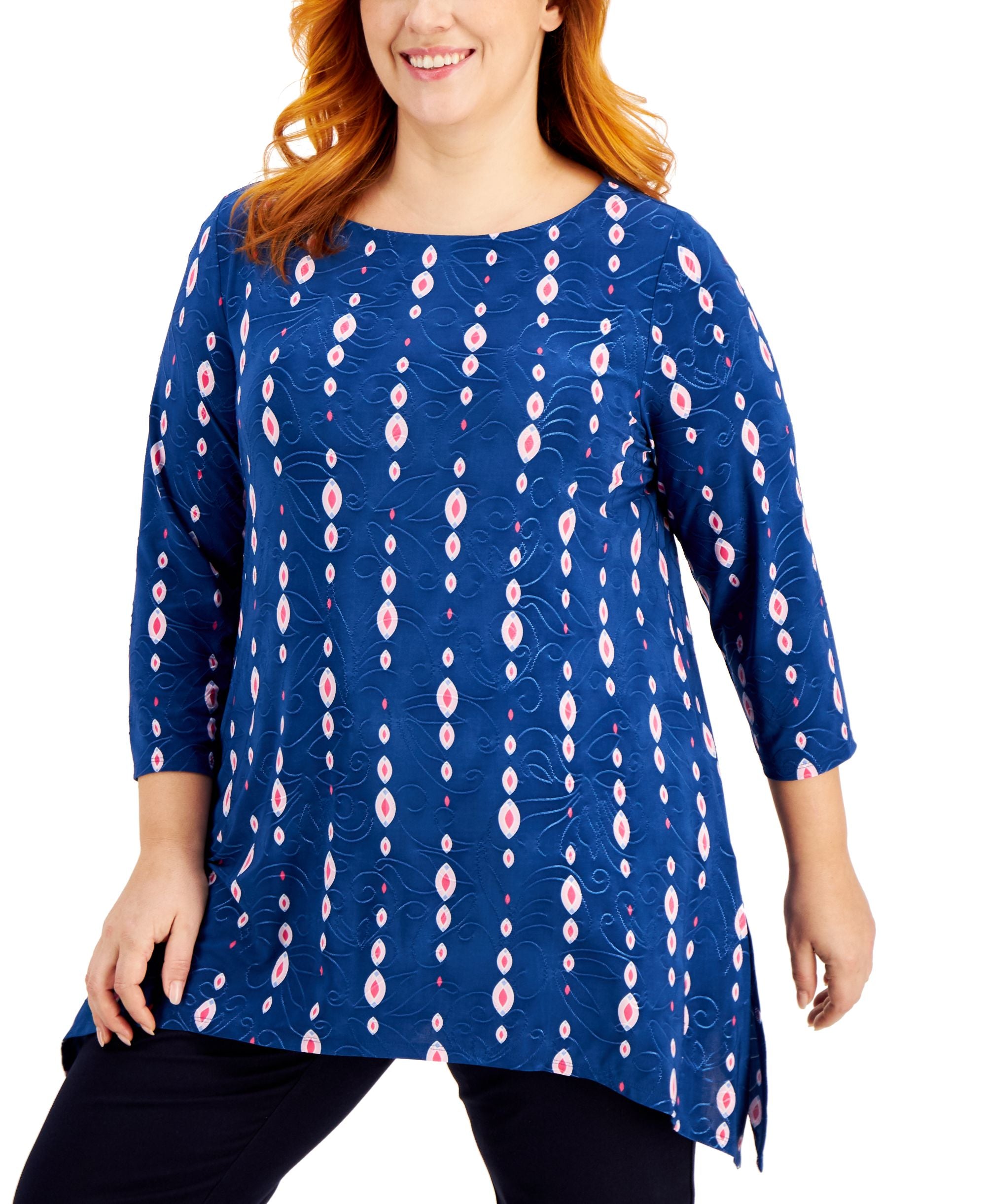 JM Collection Plus Size Printed Jacquard Handkerchief Hem Top