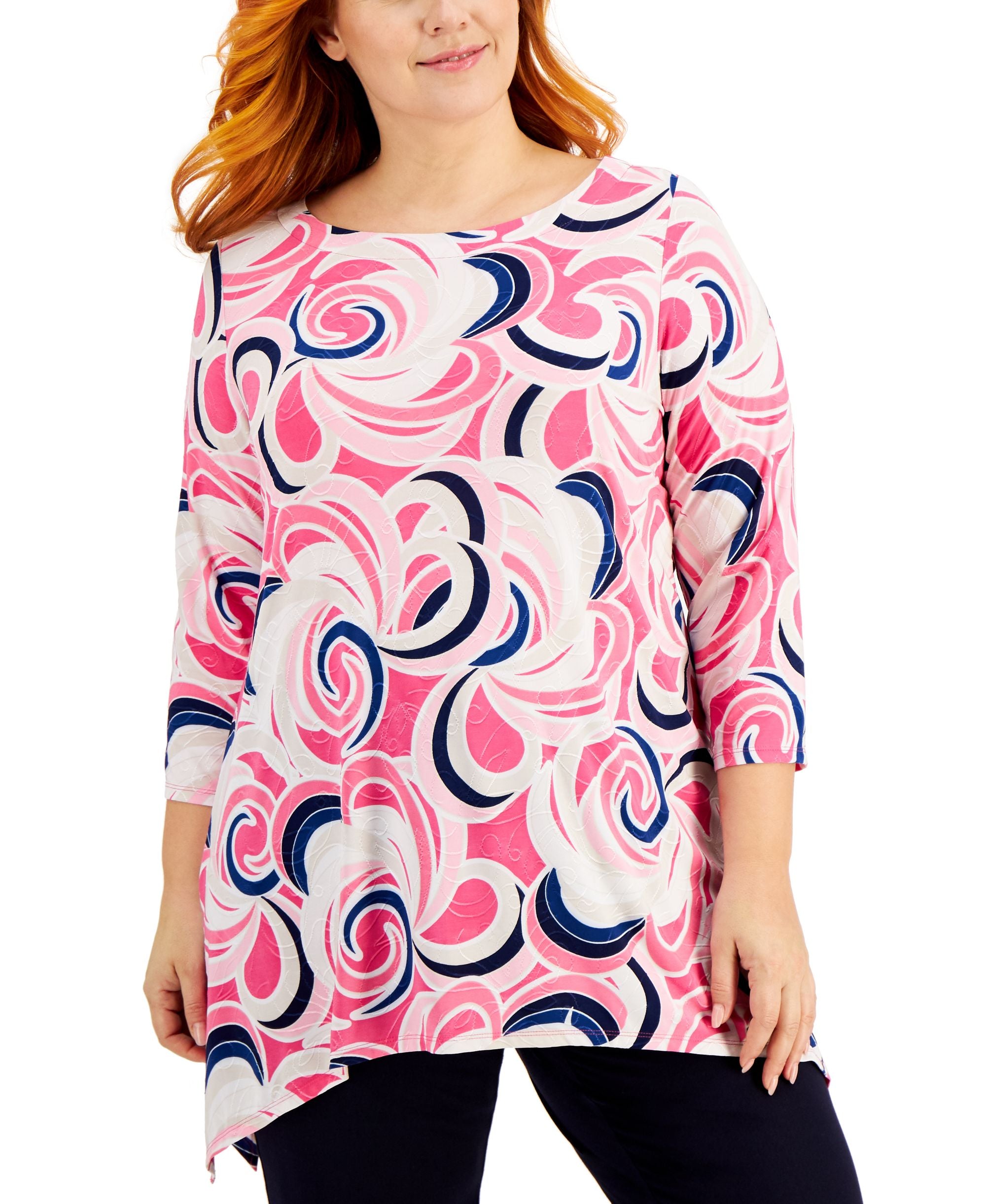 JM Collection Plus Size Printed Jacquard Handkerchief Hem Top