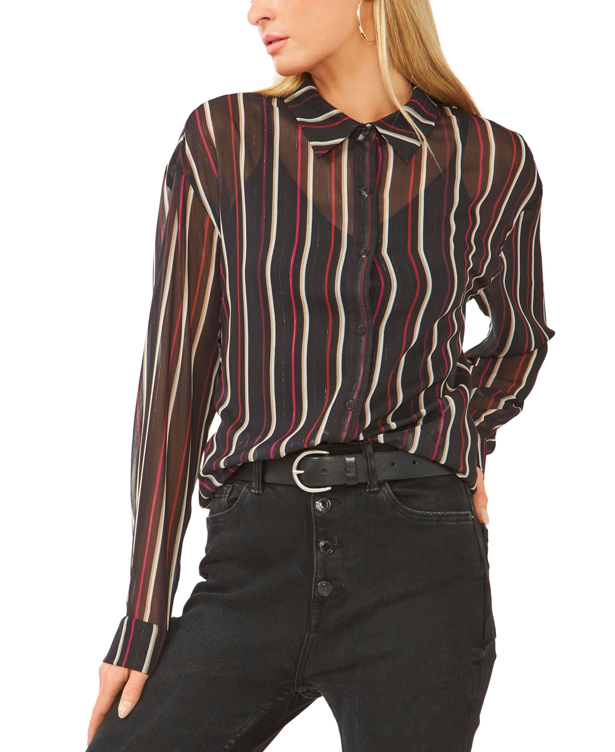 Vince Camuto Striped Button Down Shimmering Tunic Top