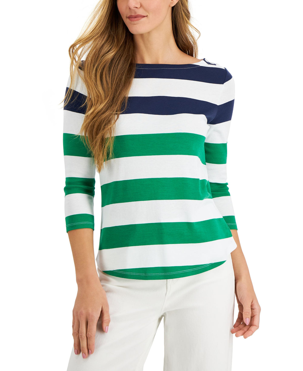 Charter Club Womens Striped Boat Neck 3/4 Sleeve Top