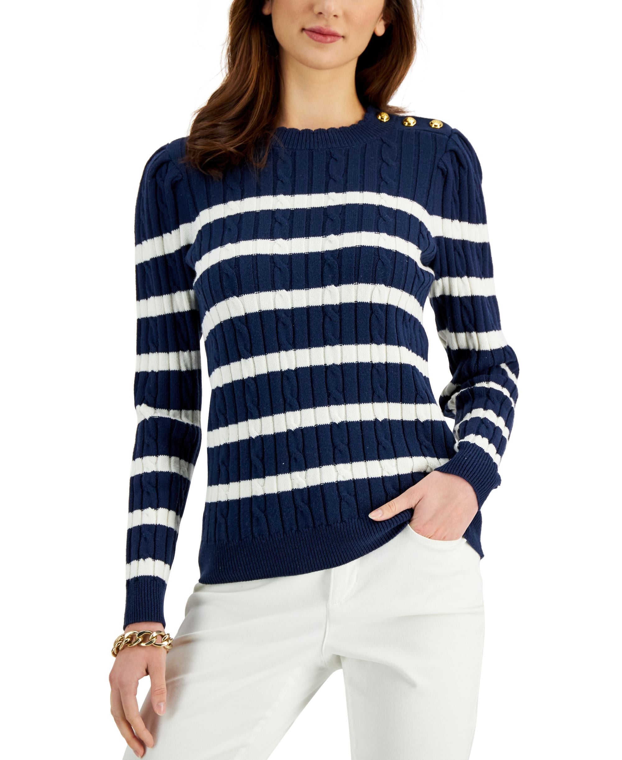 Charter Club Button Shoulder Striped Sweater