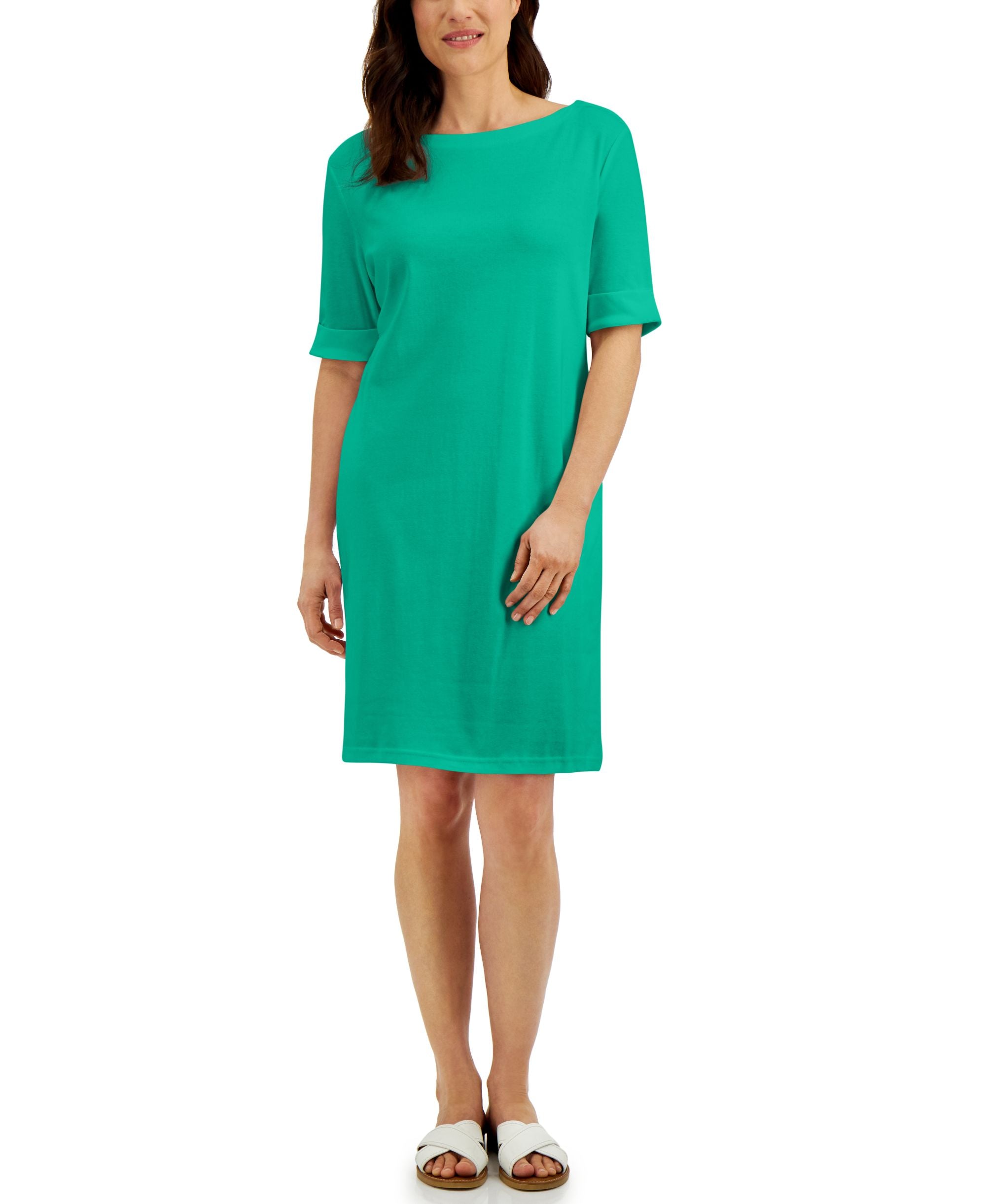 Karen Scott Petite Cotton Boat Neck Elbow Sleeve Dress
