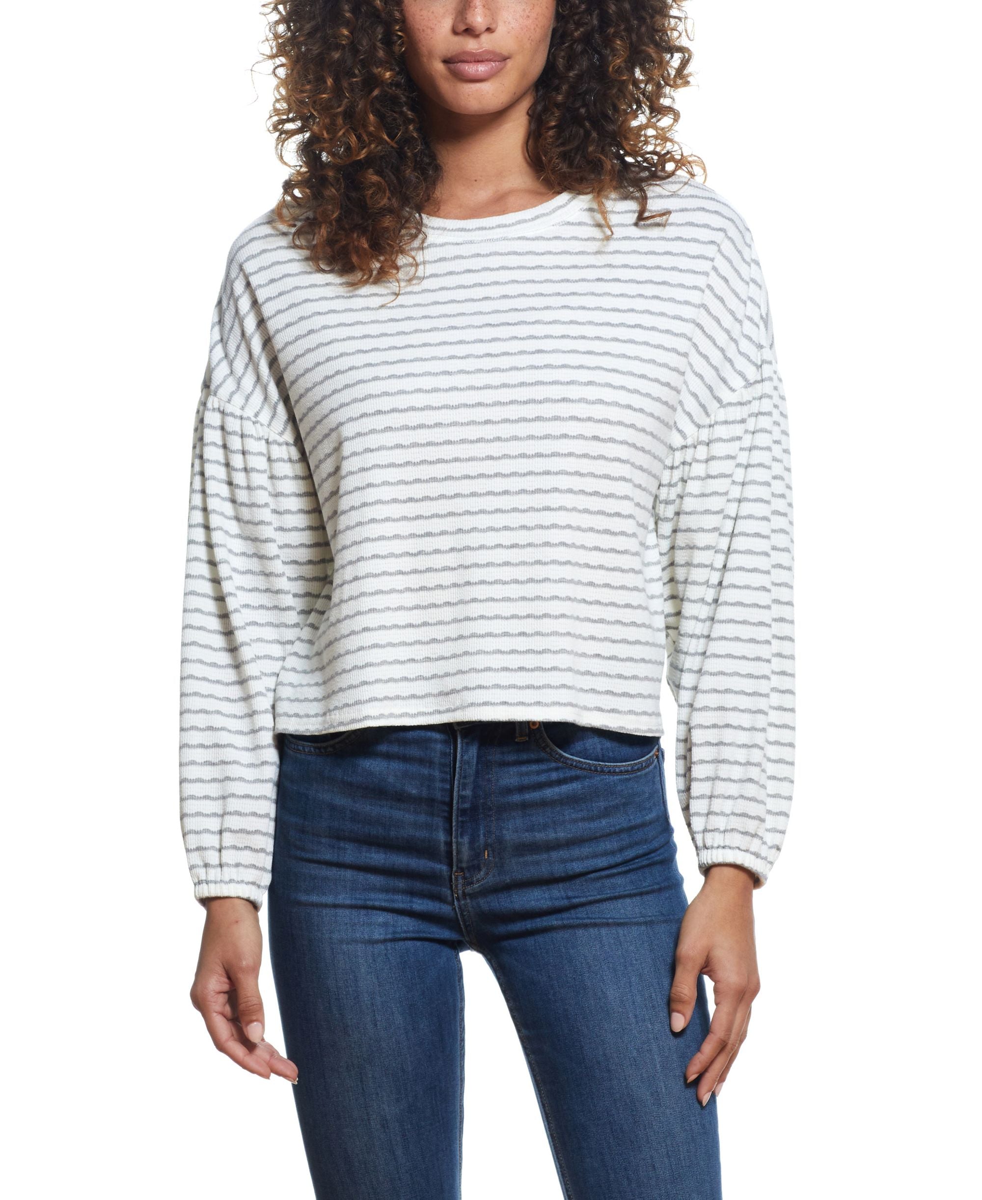 Womens Drop Shoulder Balloon Sleeve Waffle Crew Neck Top