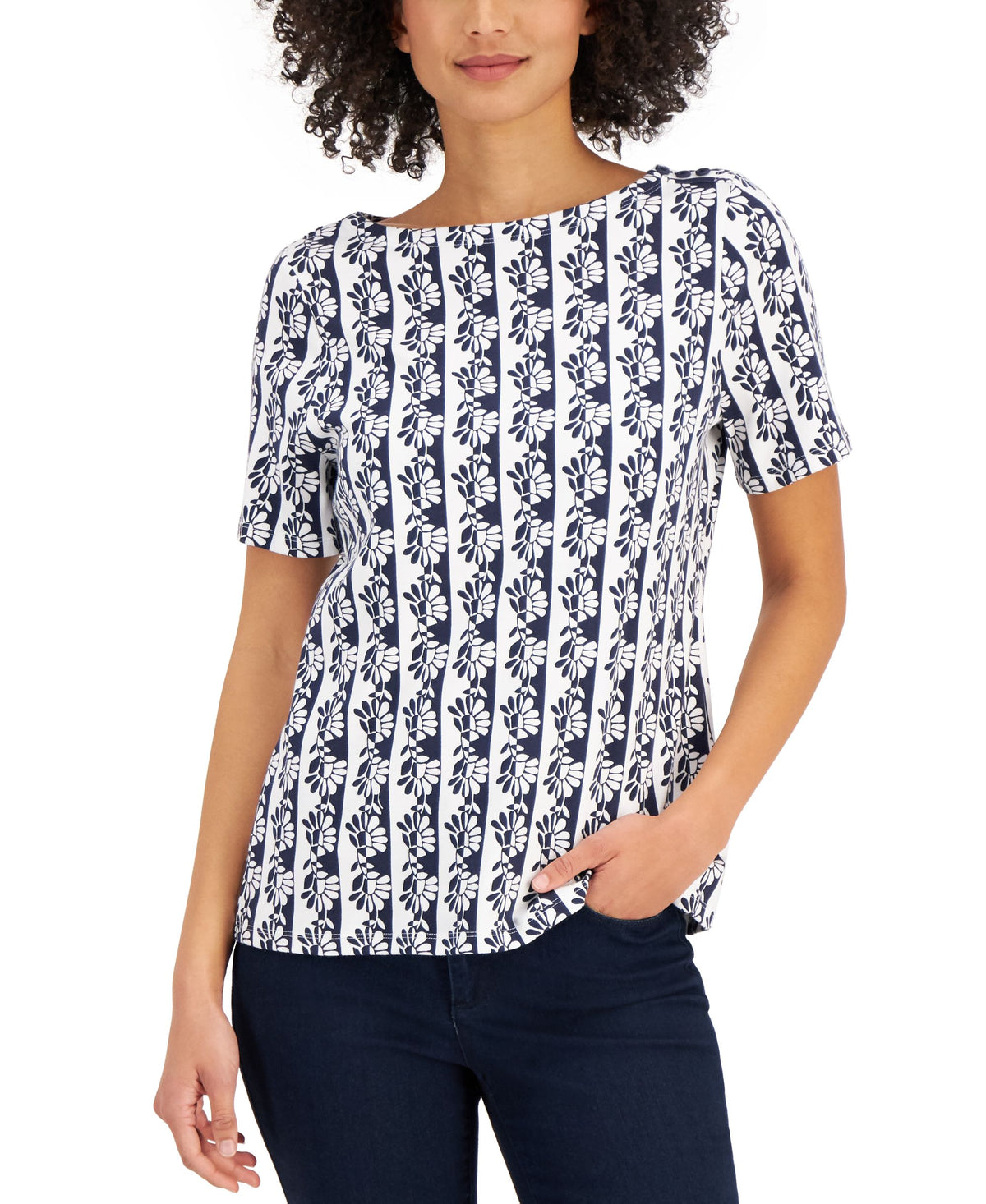 Charter Club Cotton Printed Boat-Neck Top