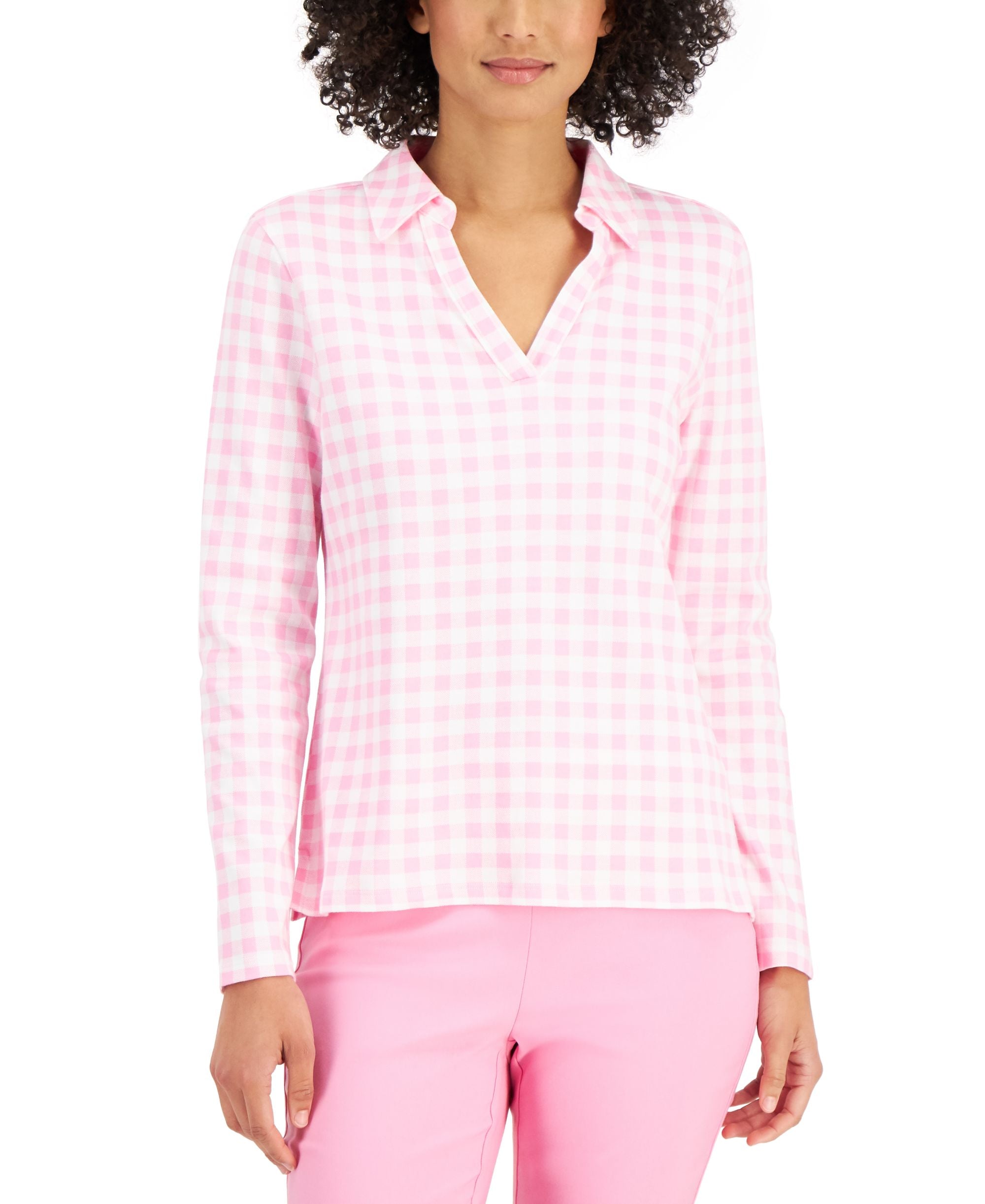 Charter Club Gingham Johnny Collar Top