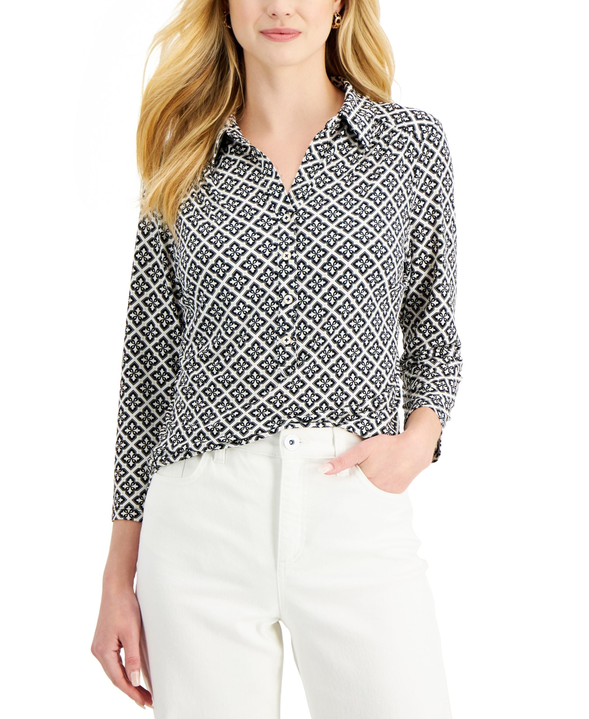 Charter Club Womens Printed 3/4 Sleeve Knit Polo Top