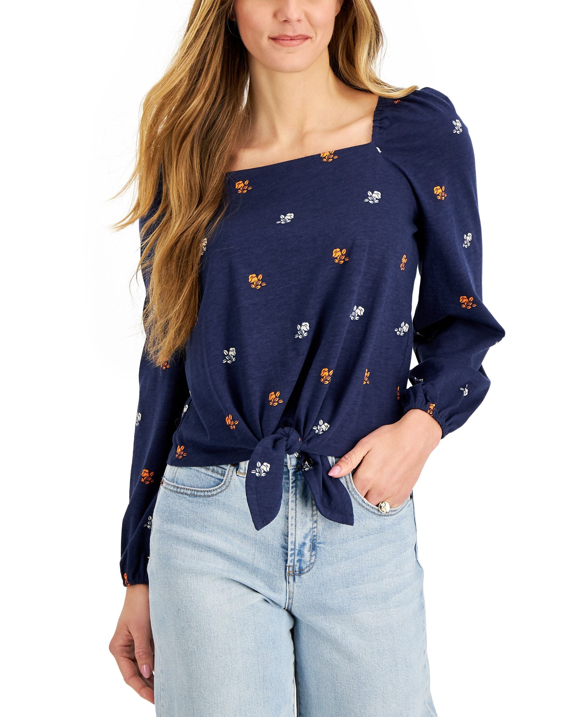 Charter Club Poppy Print Square Neck Tie Front Top