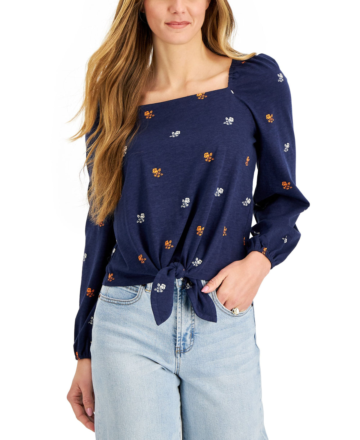 Charter Club Poppy Print Square Neck Tie Front Top