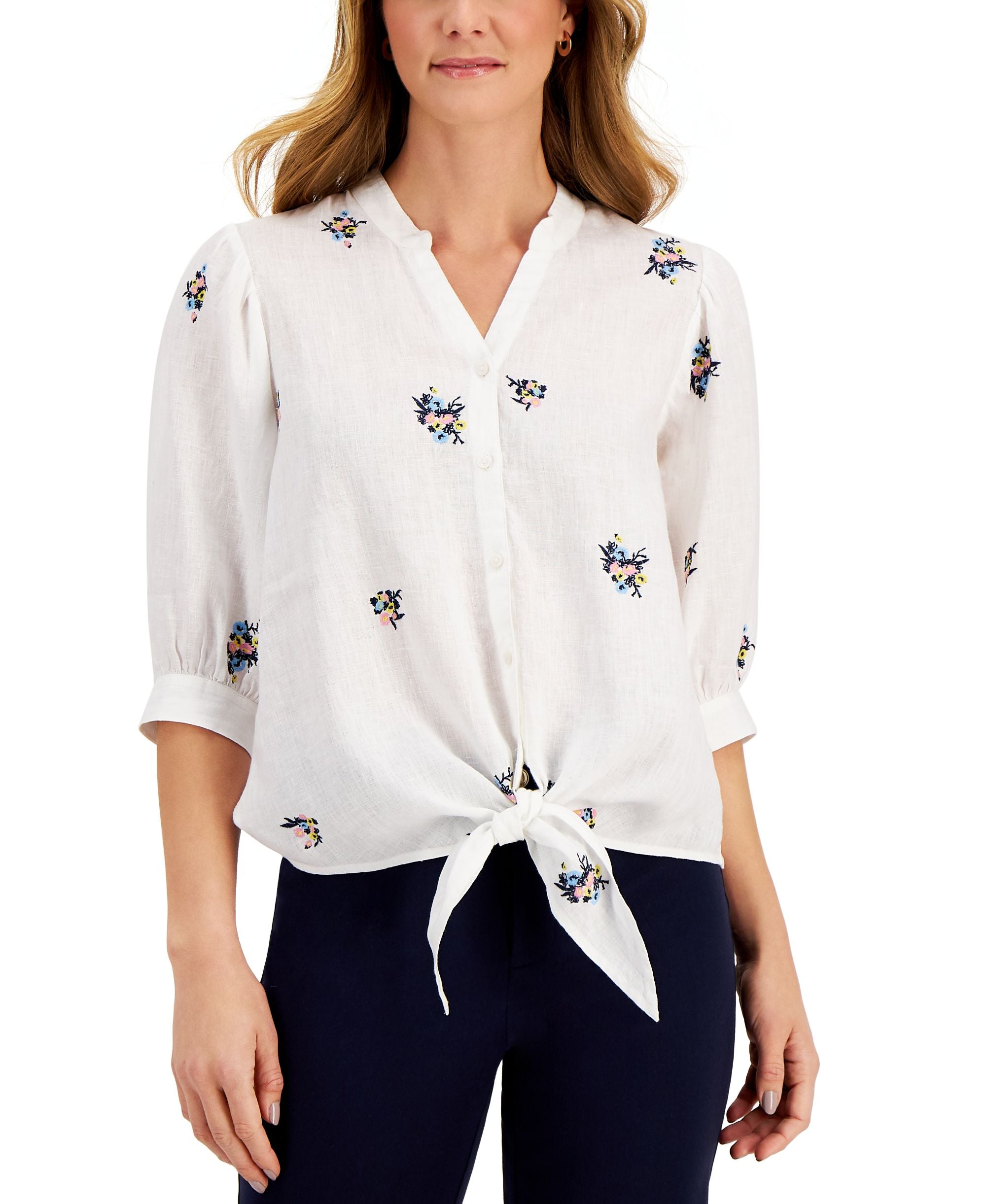 Charter Club Linen Embroidered 3/4 Sleeve Blouse