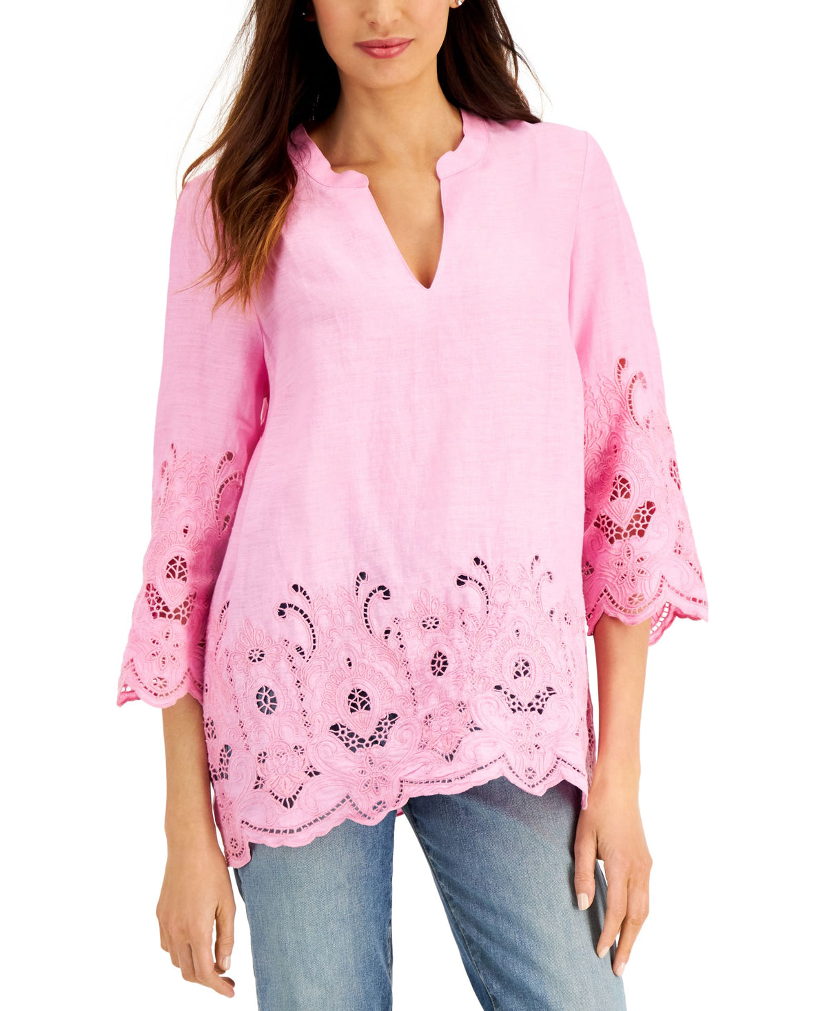 Charter Club Linen Embroidered Hem Tunic