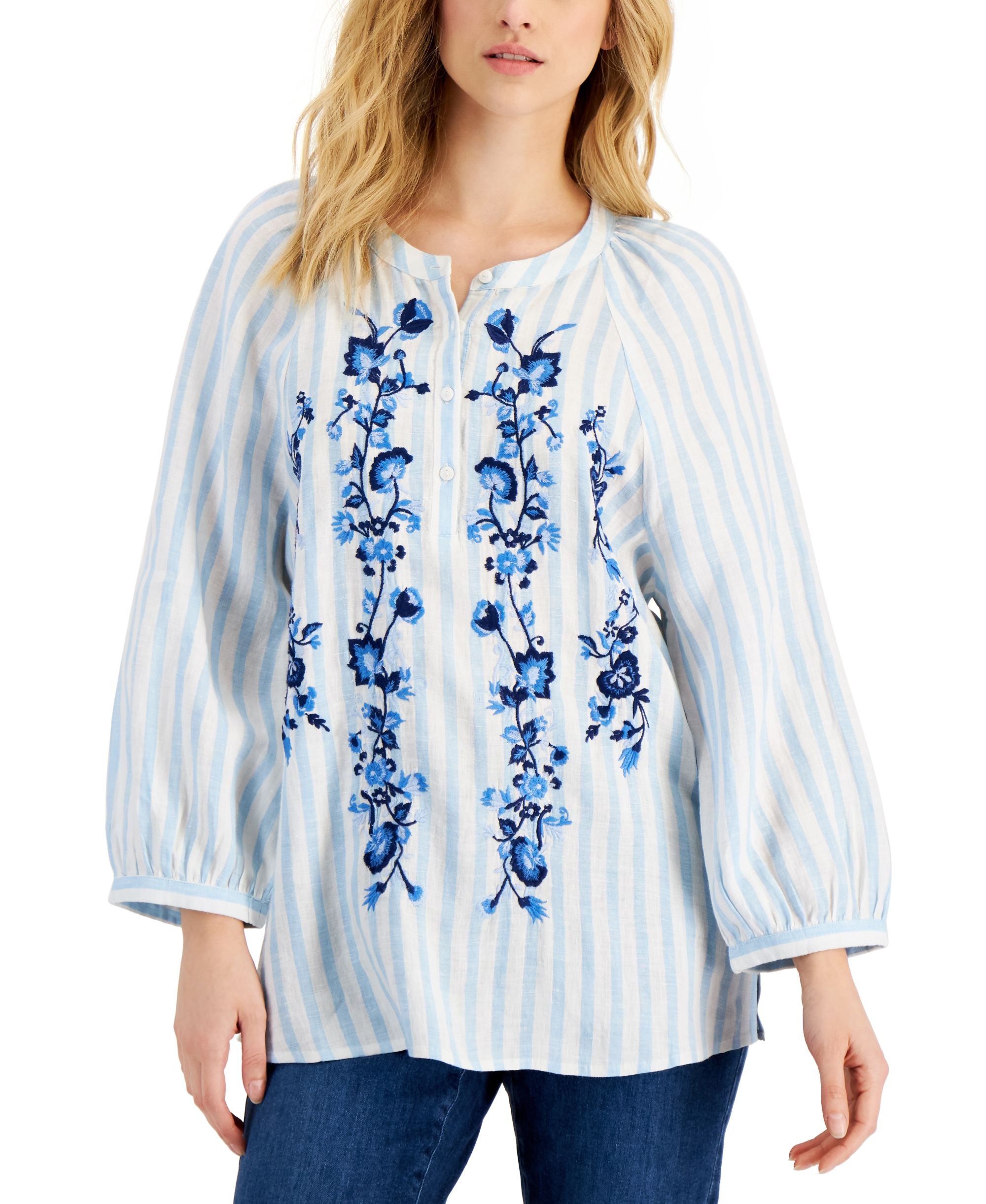 Charter Club Womens Embroidered Linen Henley Top