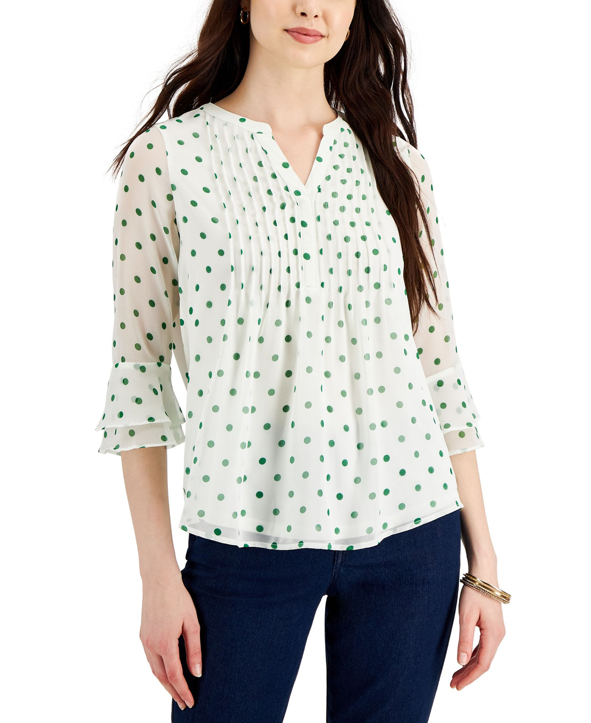 Charter Club Petite Knit Dot Print Pintucked Top