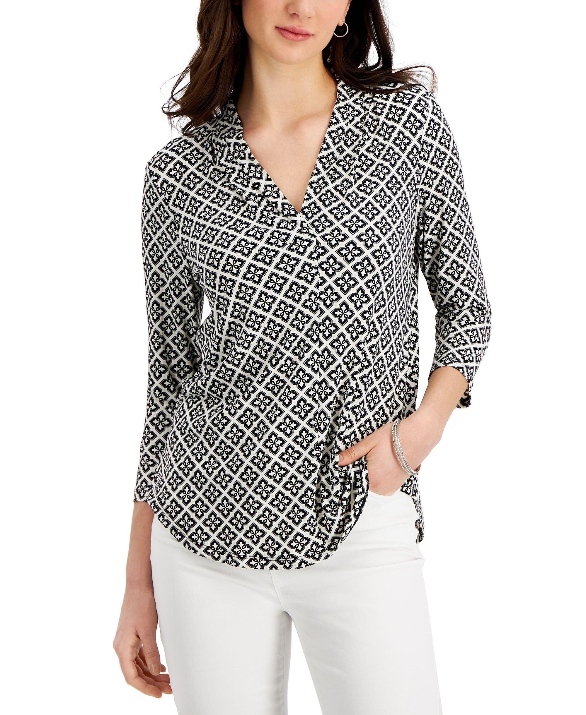 Charter Club Petite Geo Print V Neck Top