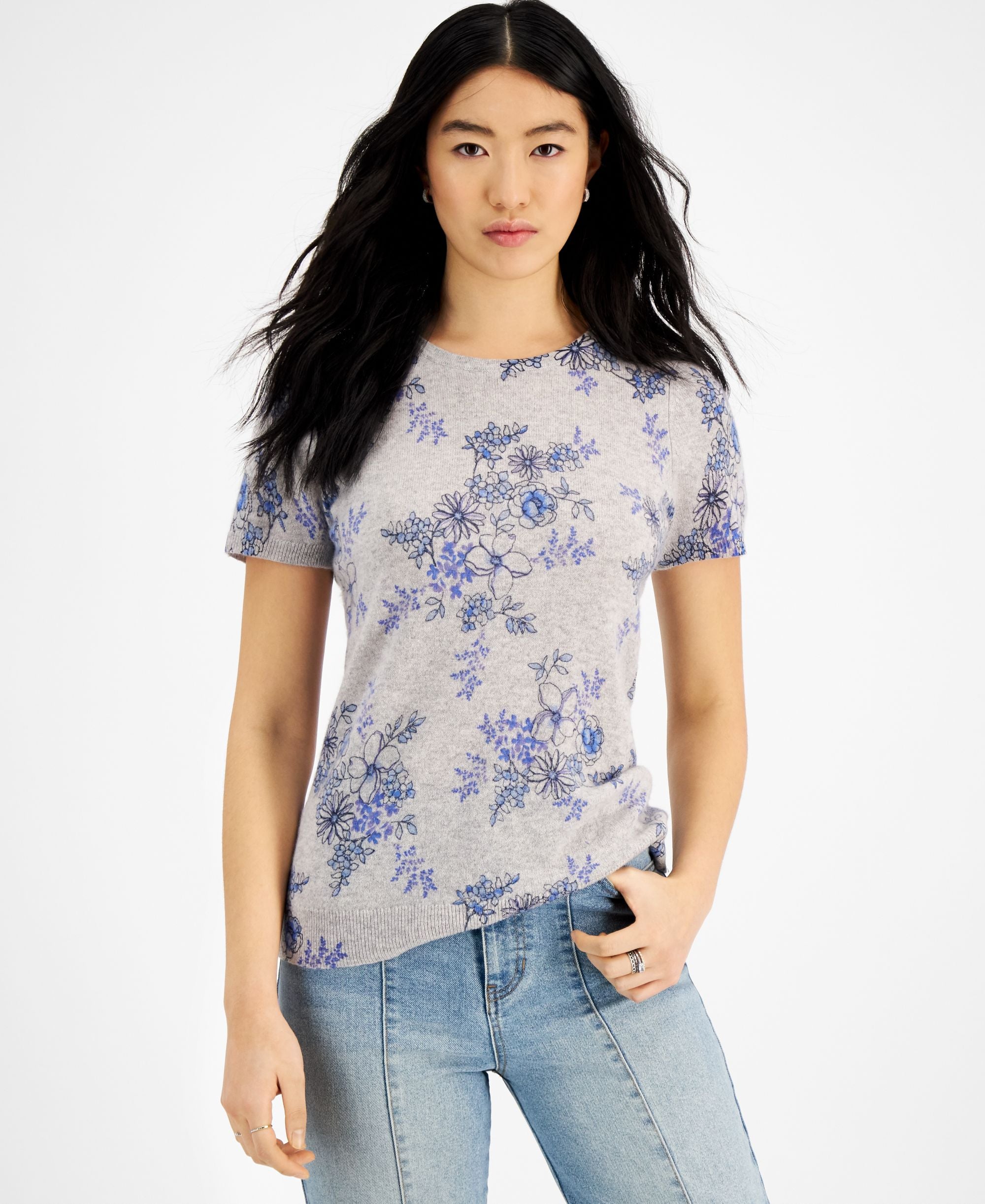 Charter Club Floral Cashmere Short Sleeve Sweater