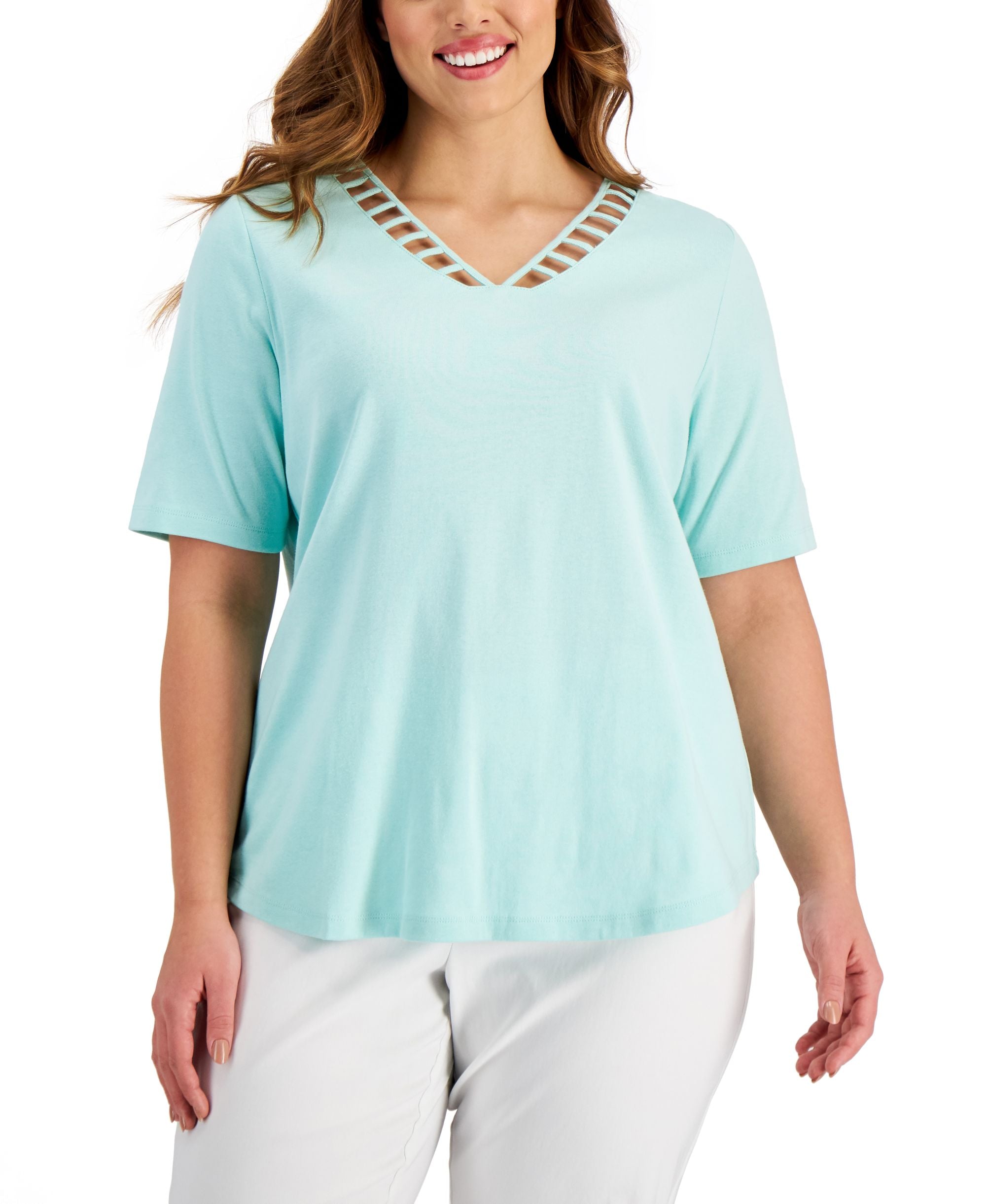 Karen Scott Plus Size Elbow Sleeve Ladder Cutout V Neck Top