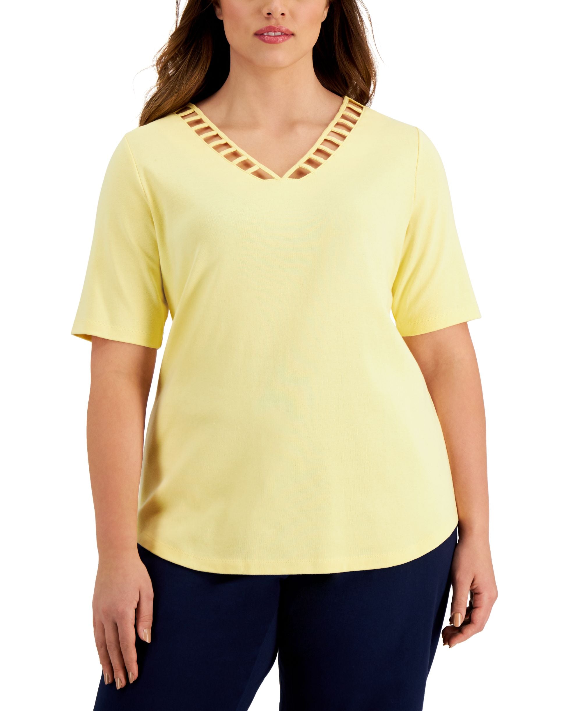Karen Scott Plus Size Elbow Sleeve Ladder Cutout V Neck Top