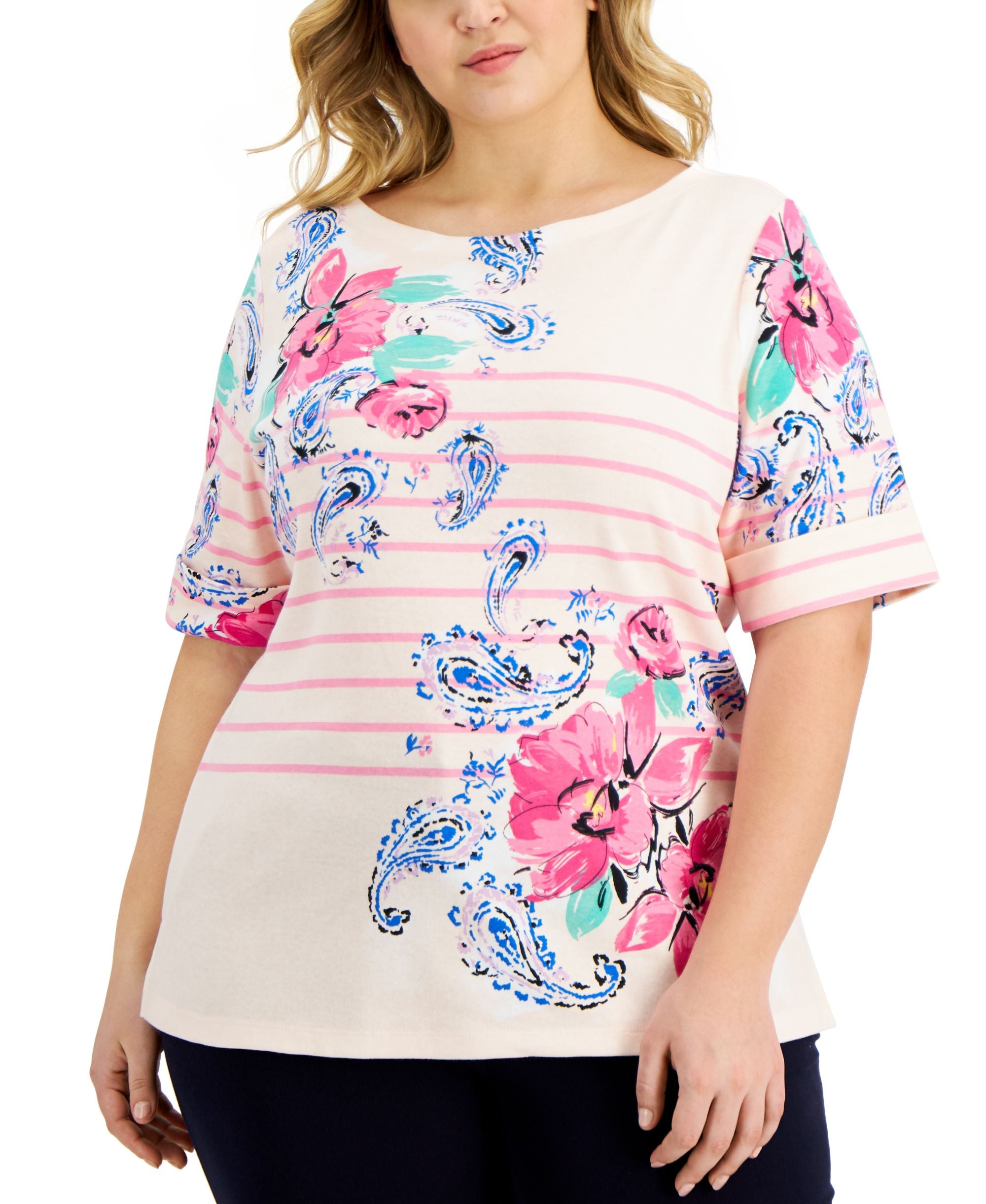 Karen Scott Plus Size Parisian Paisley Boat Neck Top