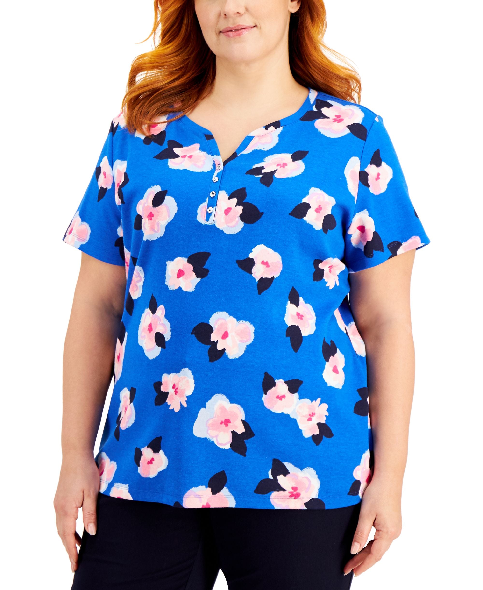 Karen Scott Plus Size Anya Floral Henley Top