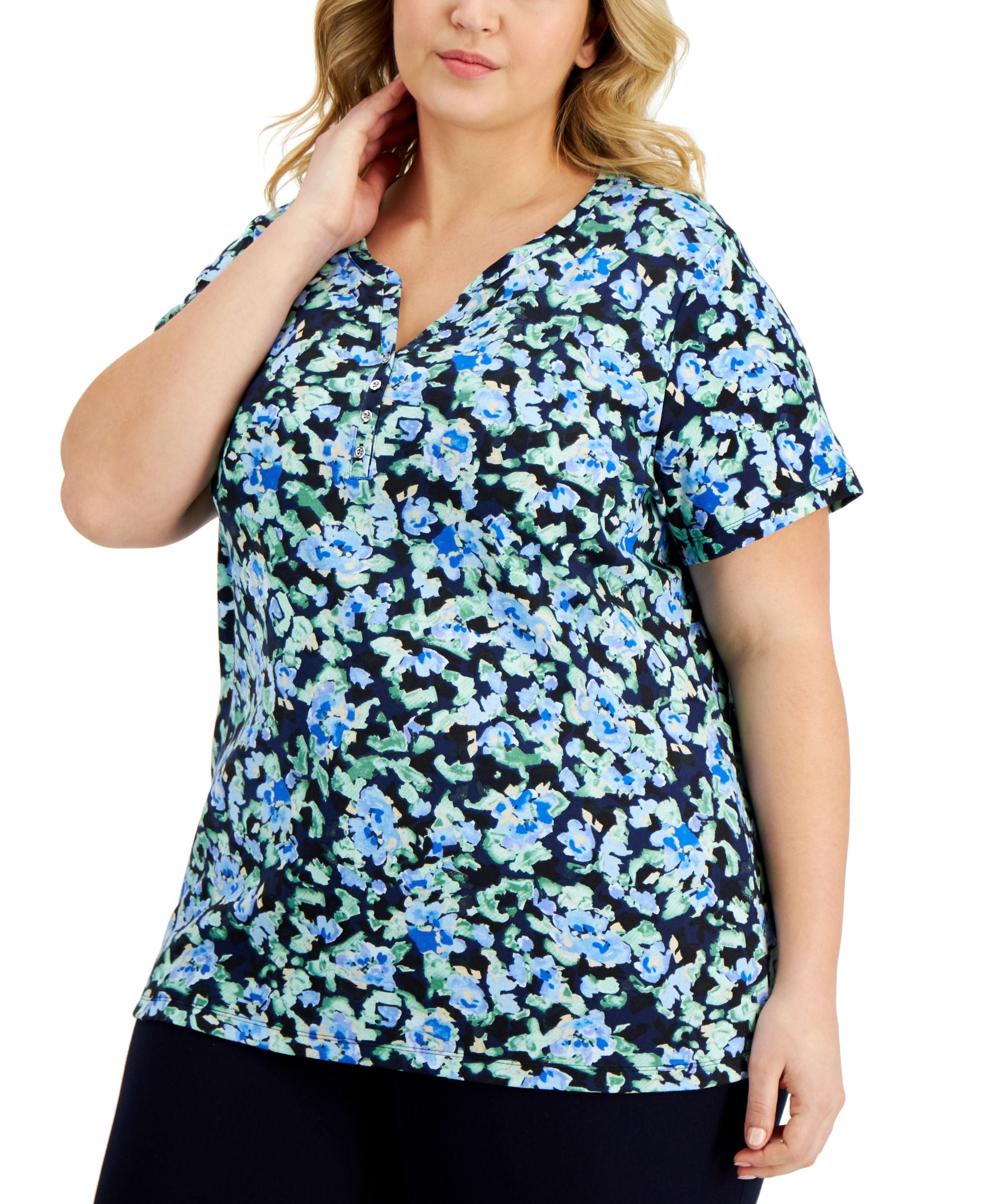 Karen Scott Plus Size Sweet Floral Henley Top
