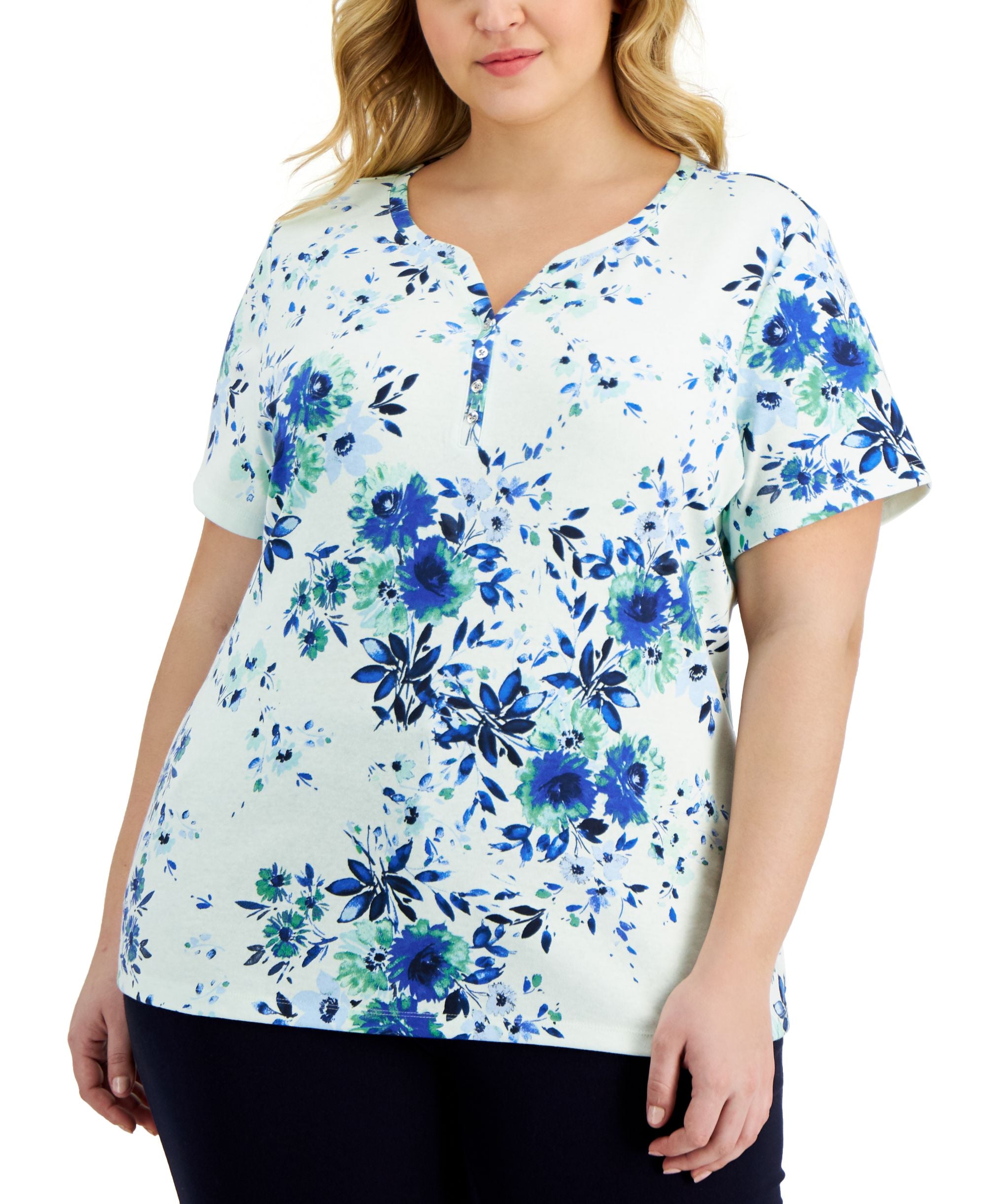 Karen Scott Plus Size Floral Dash Printed Henley Neck Top