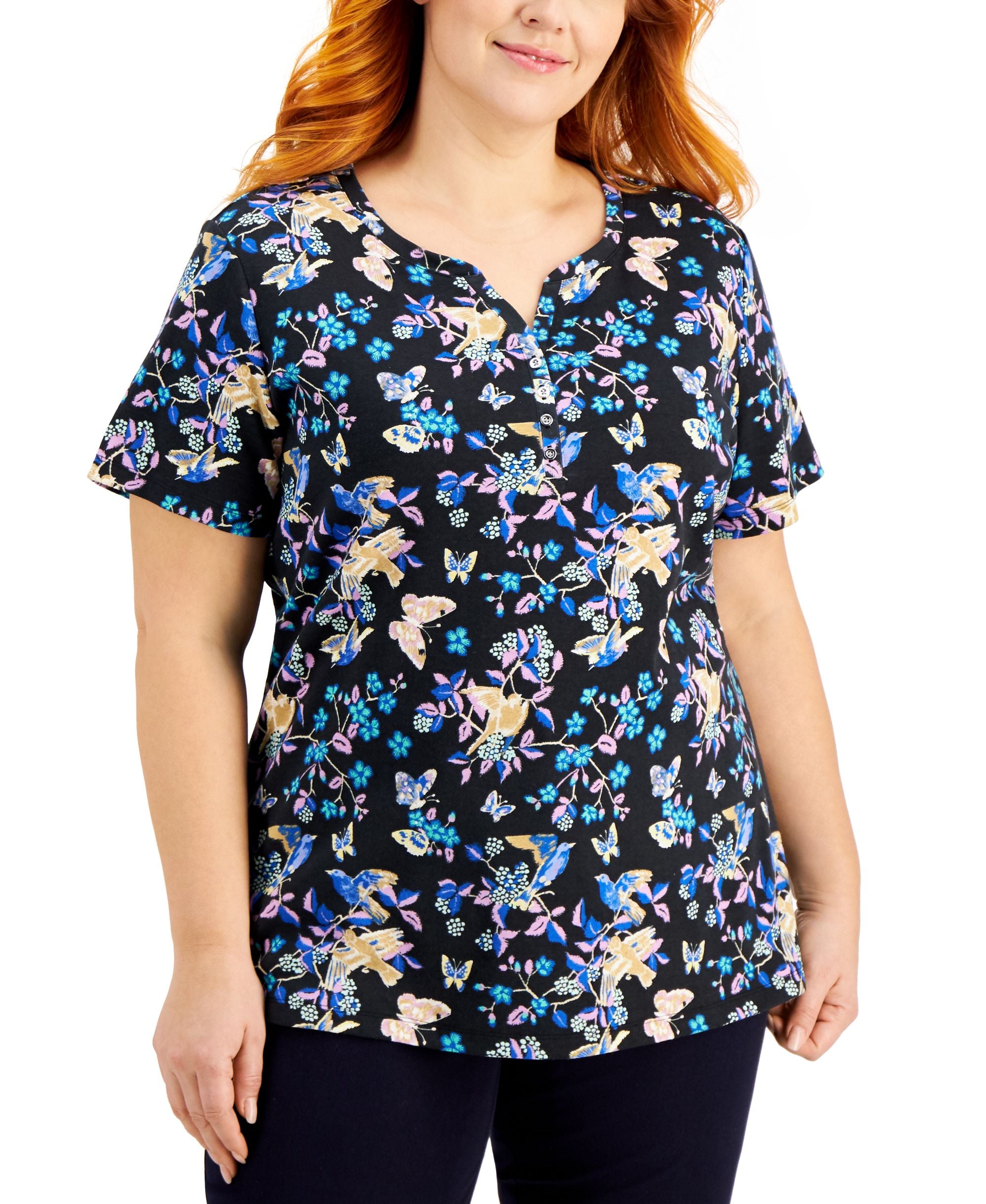 Karen Scott Plus Size Hatched Meadow Henley Top