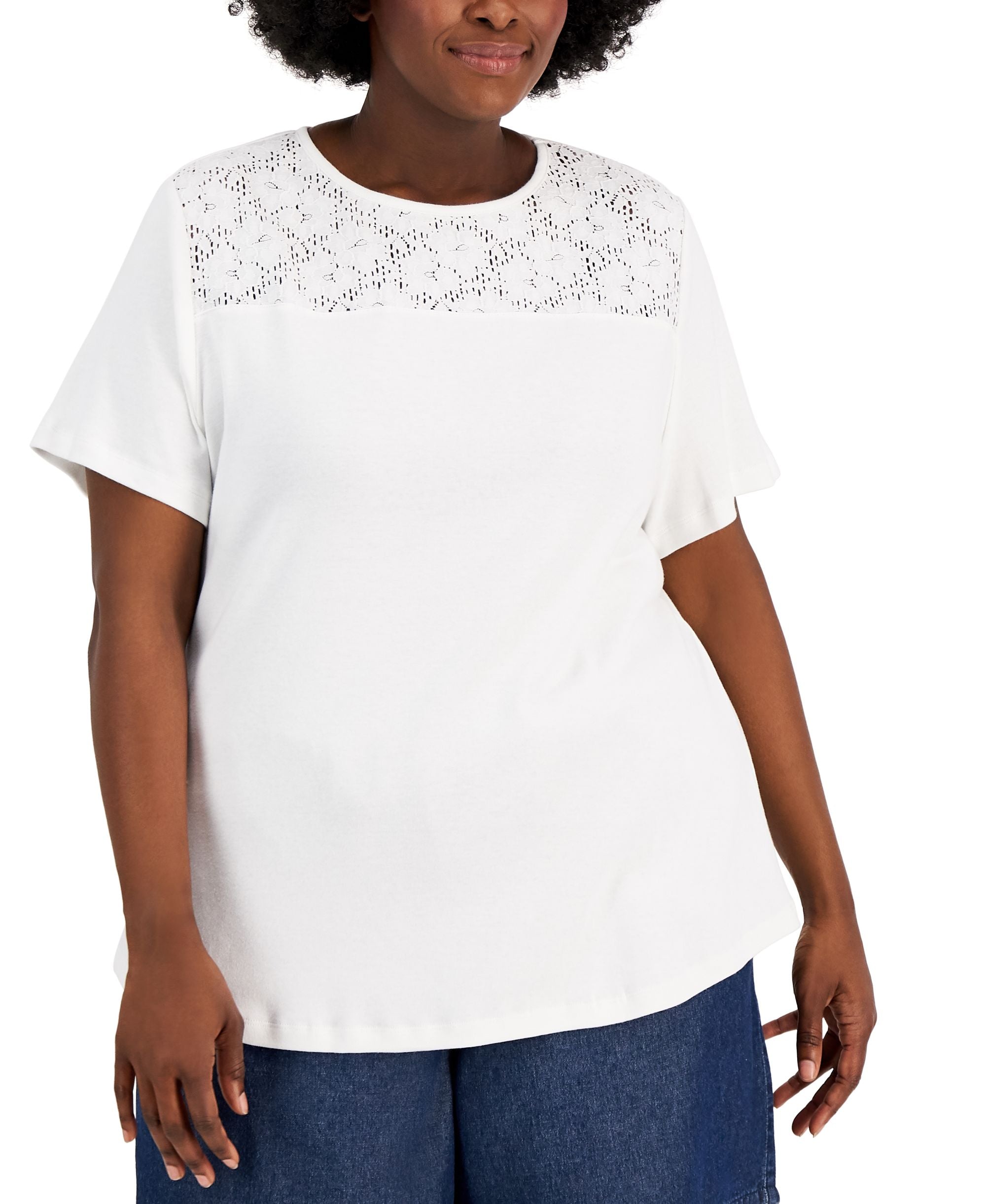 Karen Scott Plus Size Cotton Crochet Yoke Top
