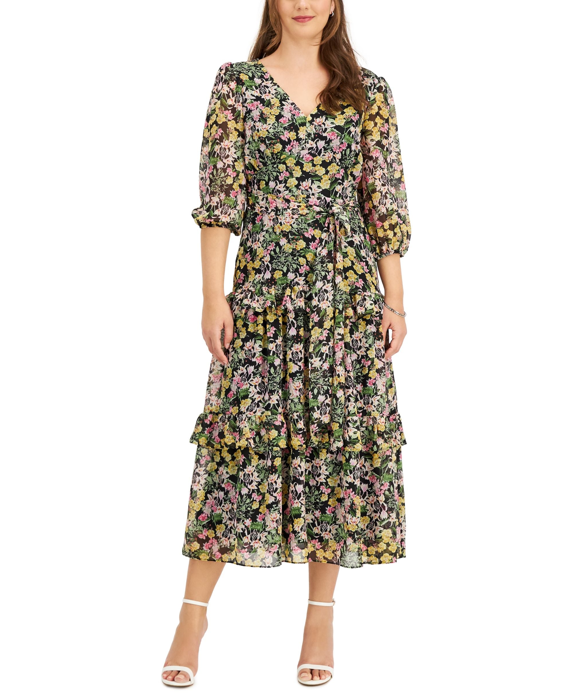 Taylor Chiffon V Neck Tiered A Line Dress