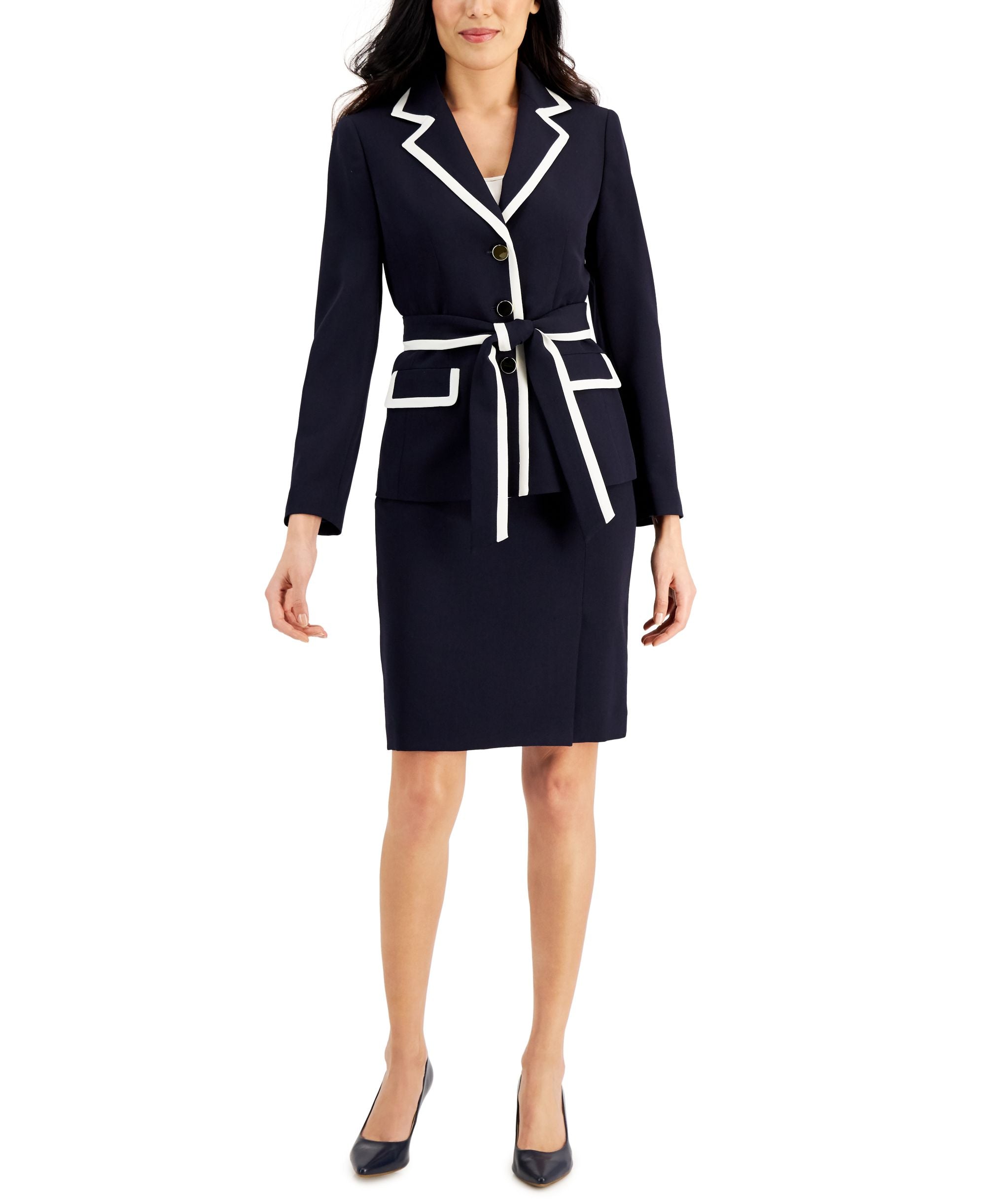 Contrast-Trim Tie-Waist Skirt Suit, Regular & Petite Sizes
