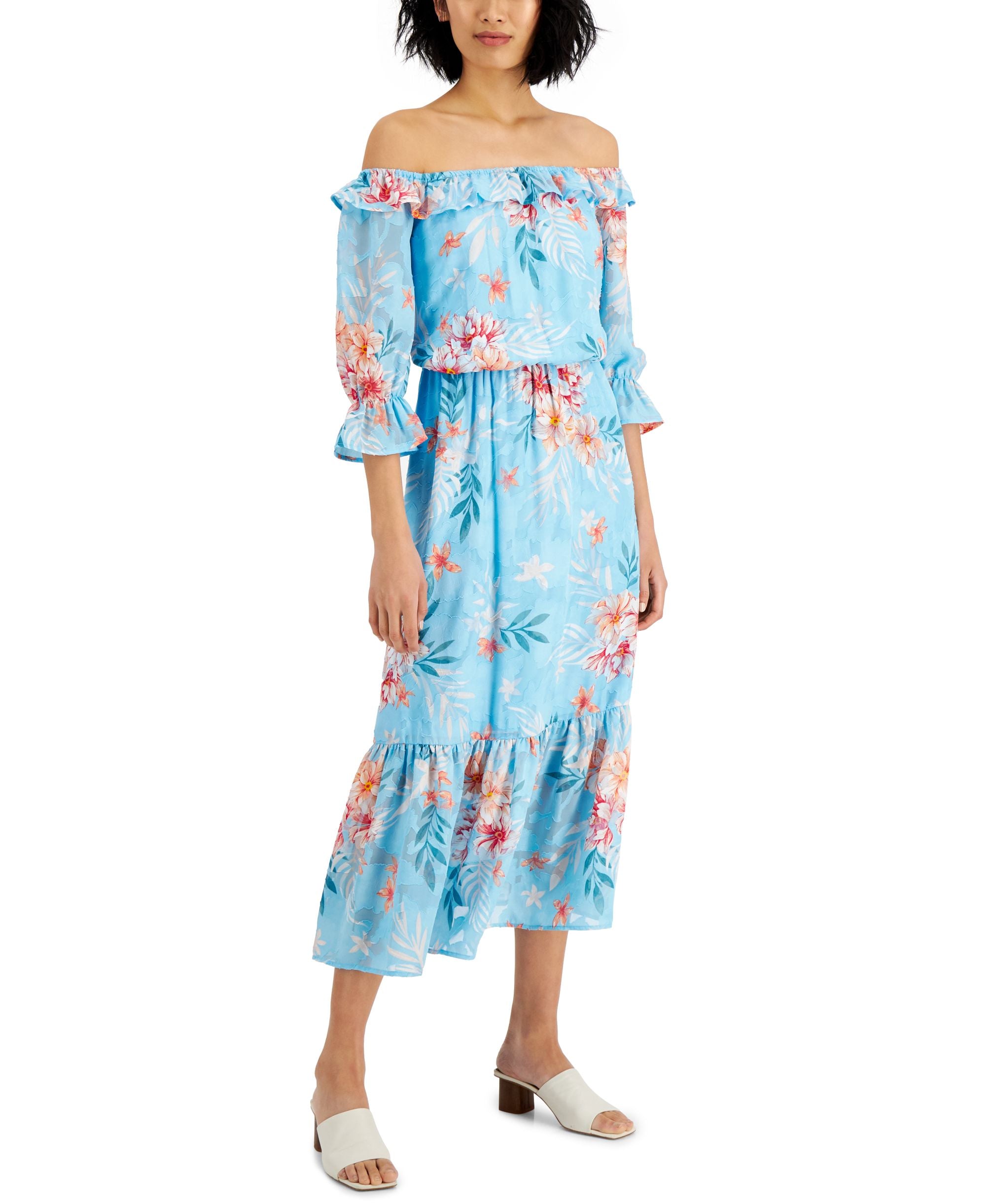 Willow Womens Metallic Drive Floral-Print Off-The-Shoulder Maxi Dress
