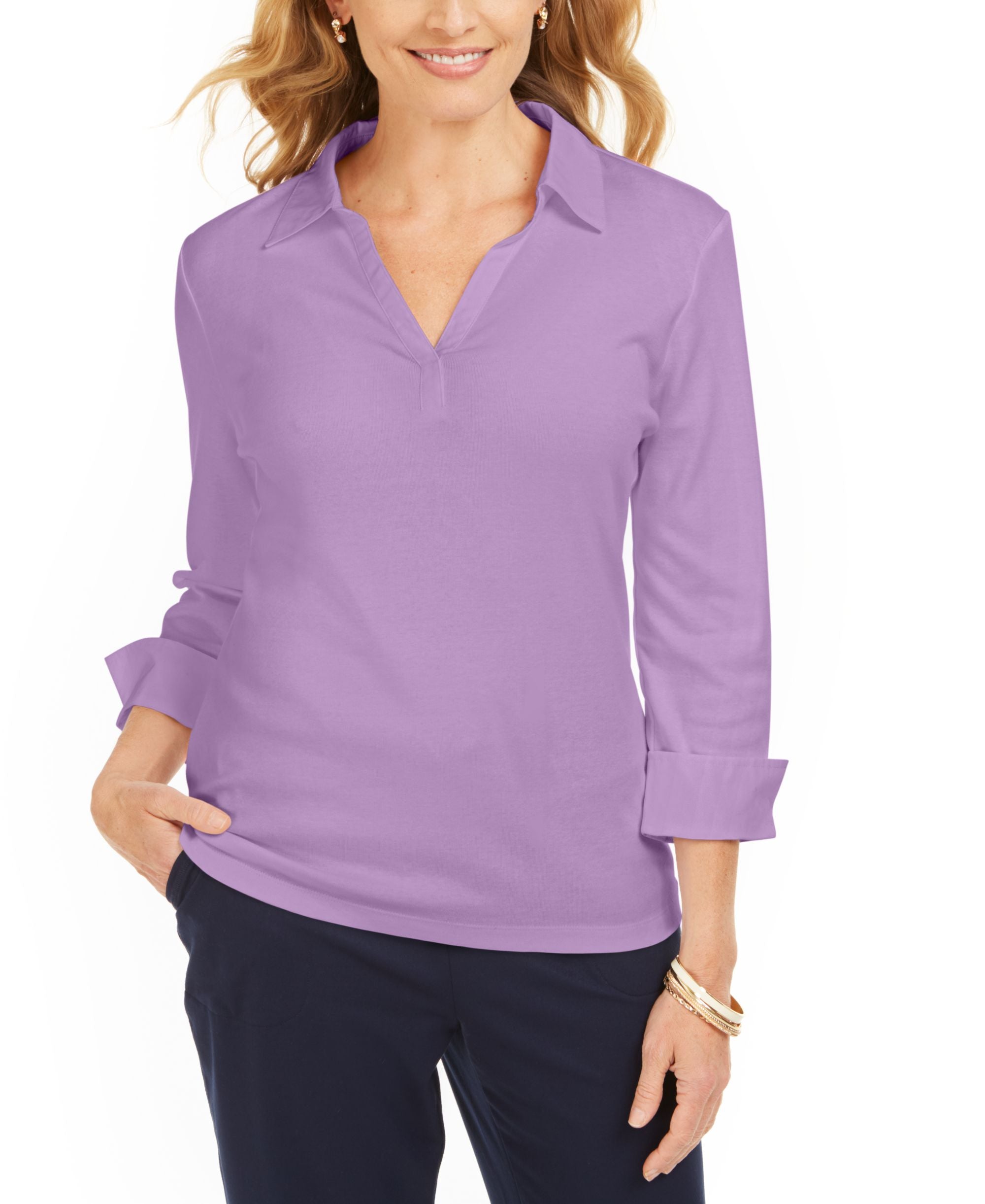 Karen Scott V Neck 3/4 Sleeve Cotton Top