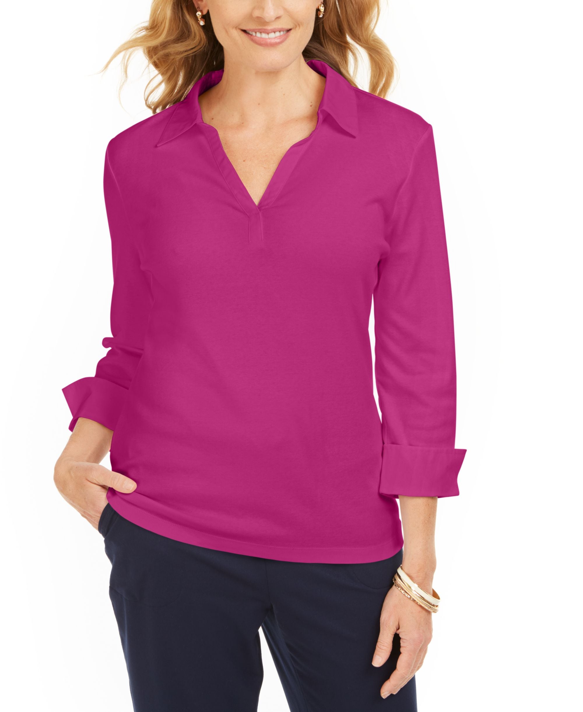 Karen Scott V Neck 3/4 Sleeve Cotton Top