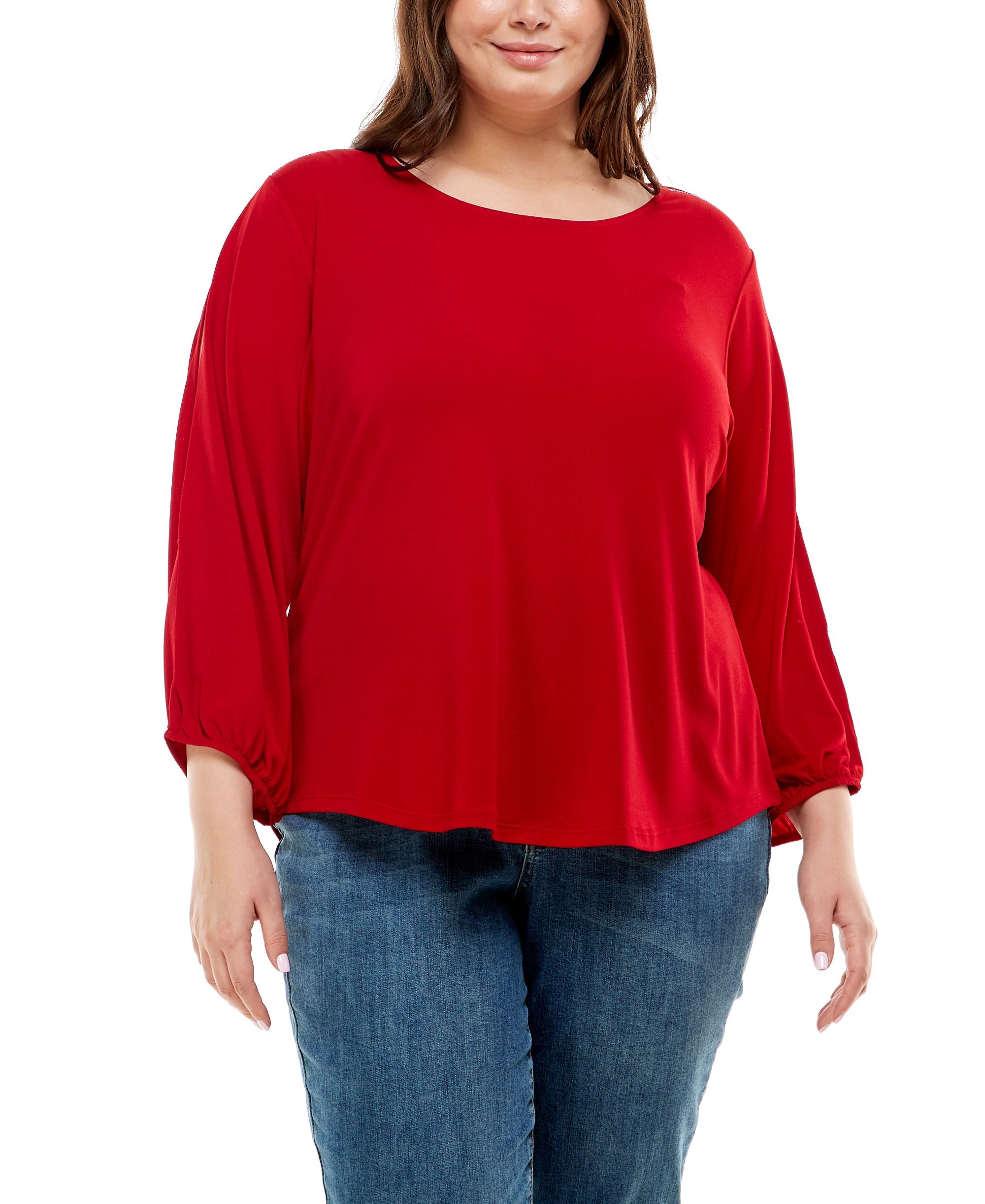 Plus Size 3/4 Puff Sleeve Top With Split Scoop Neck