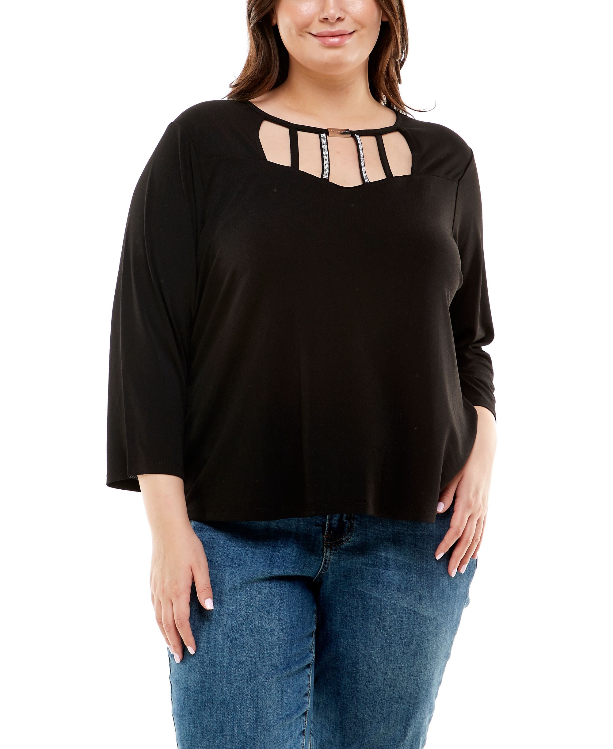 Plus Size 3/4 Sleeve Strapped Top With Bead Bar Rhinestones