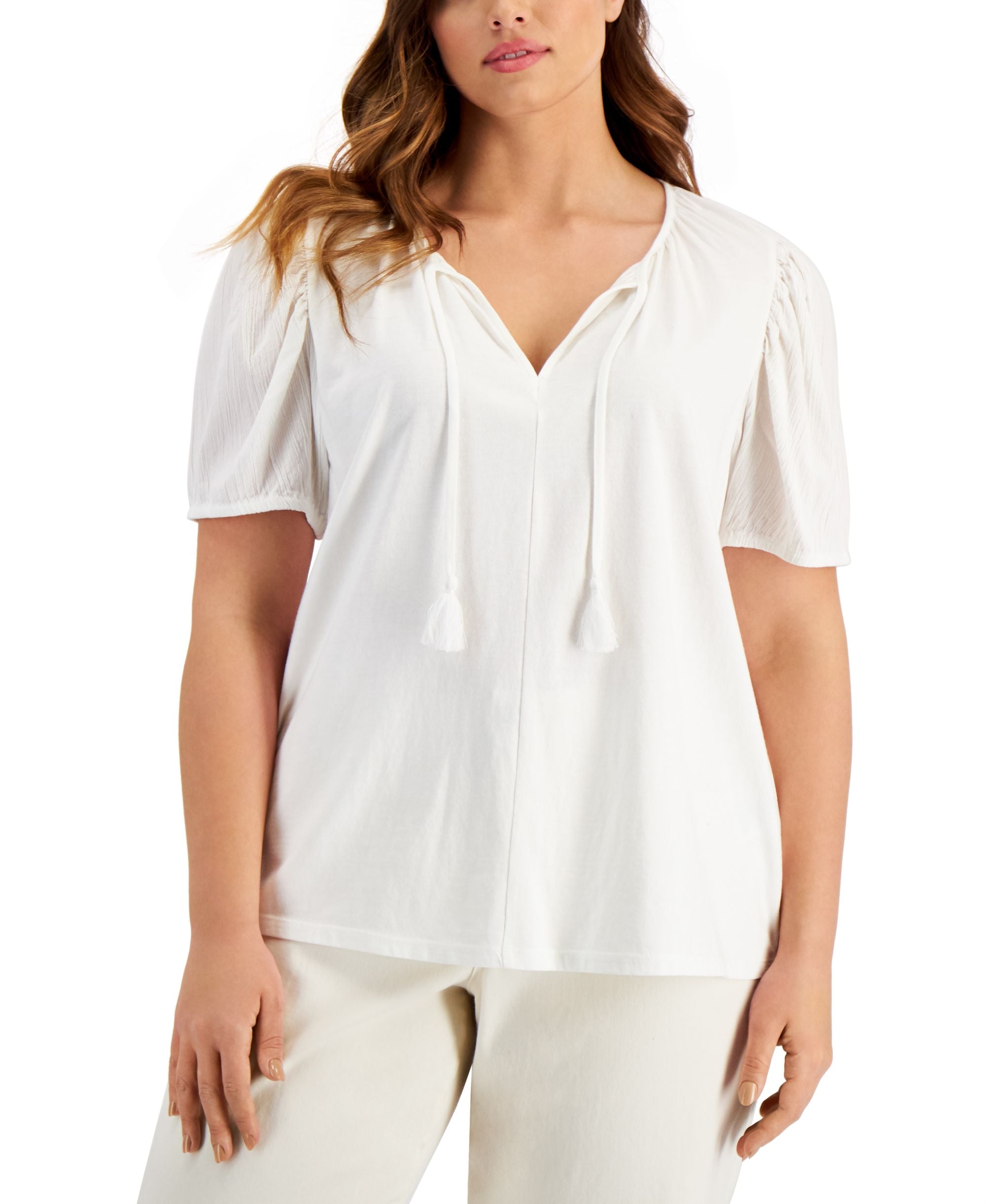 Style & Co Womens Textured Sleeve Tie Neck Top