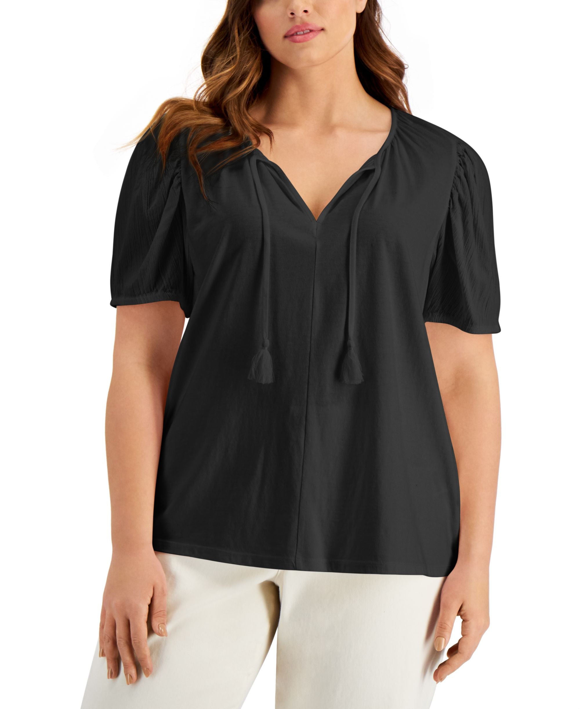 Style & Co Womens Textured Sleeve Tie Neck Top