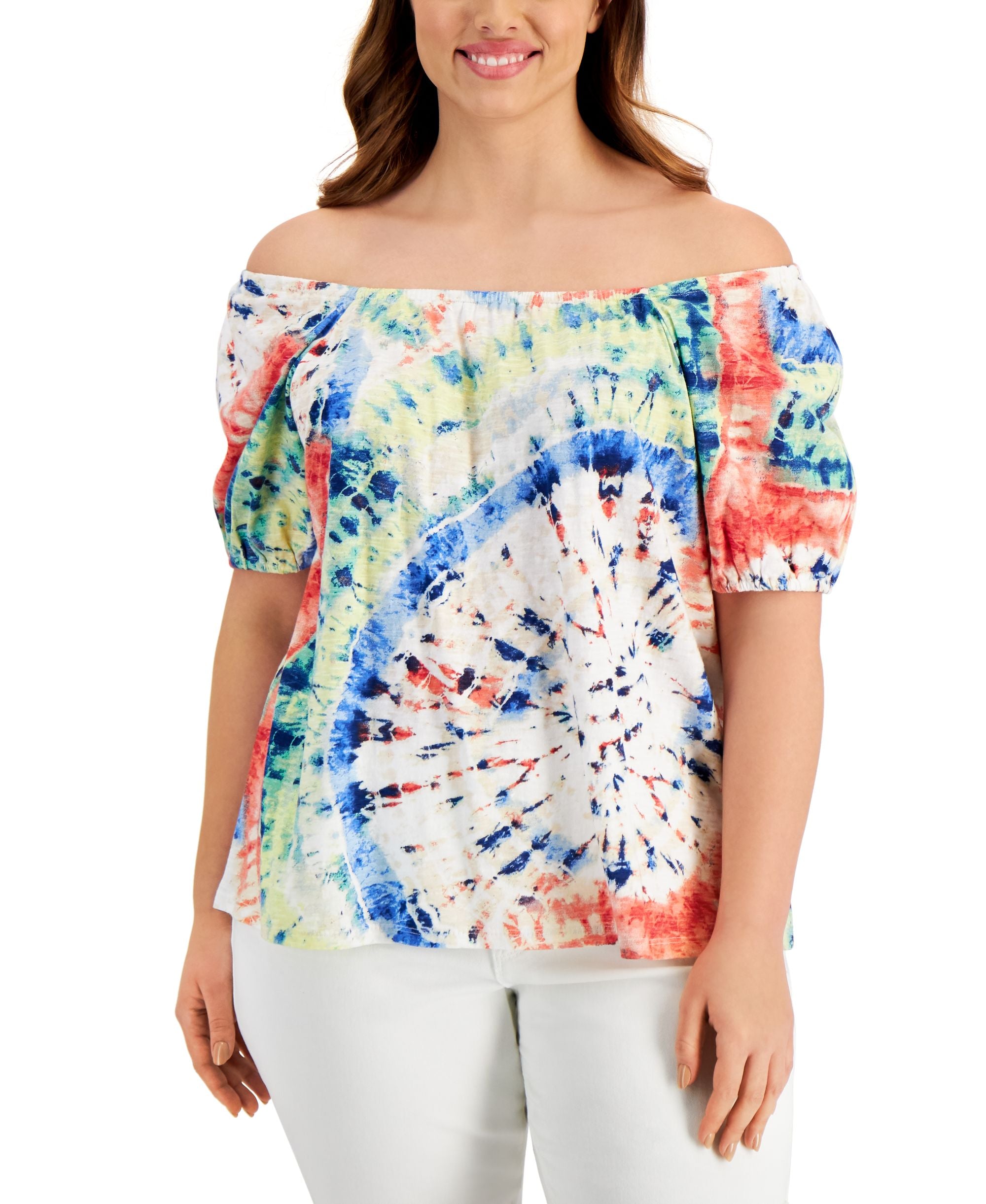 Style & Co Plus Size Cotton Printed Off The Shoulder Top